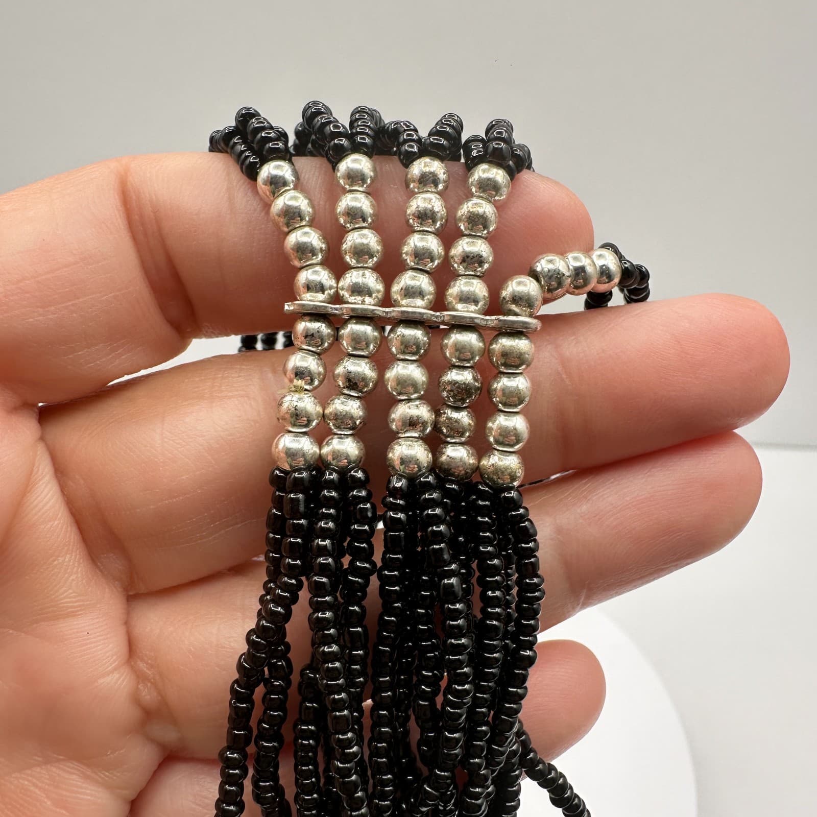 Vintage Y2K Black Beaded Multi-Strand Bracelet Silver Tone Statement Jewelry - Thumbnail 8