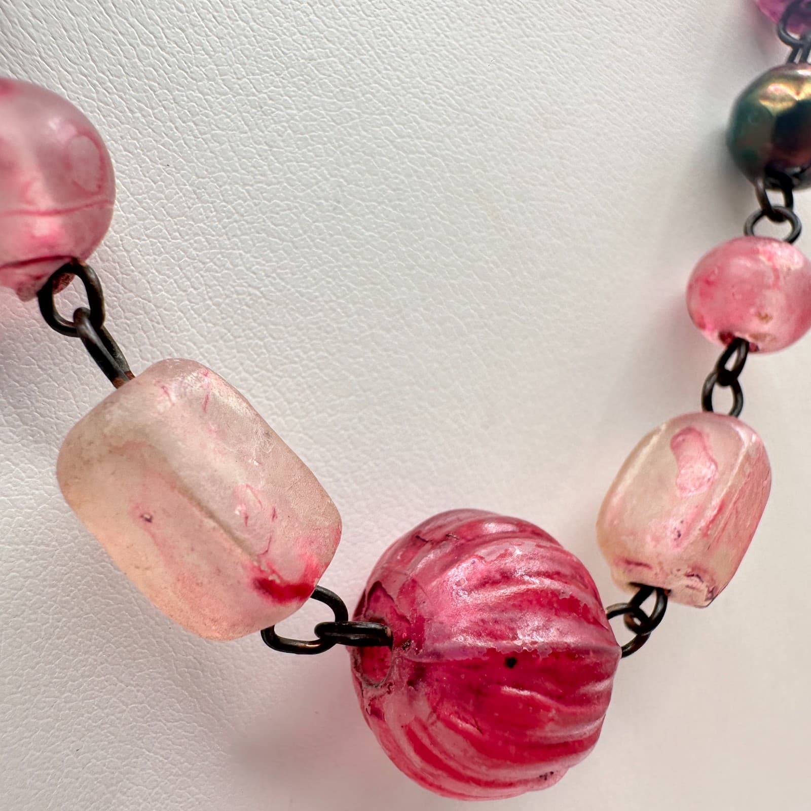 Vintage Y2K Pink Glass Beaded Statement Necklace Chunky Boho Women's Jewelry - Thumbnail 3