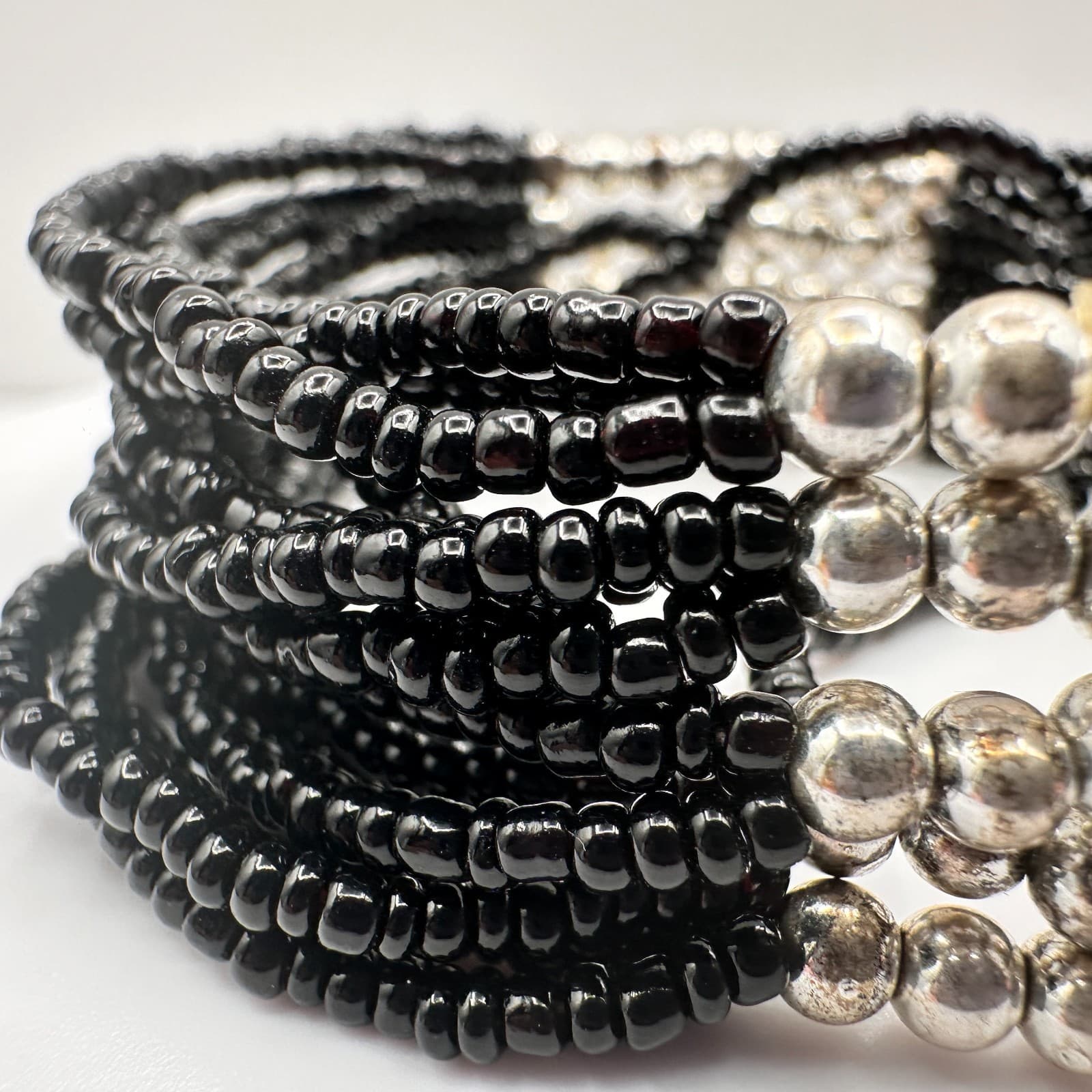 Vintage Y2K Black Beaded Multi-Strand Bracelet Silver Tone Statement Jewelry - Thumbnail 3