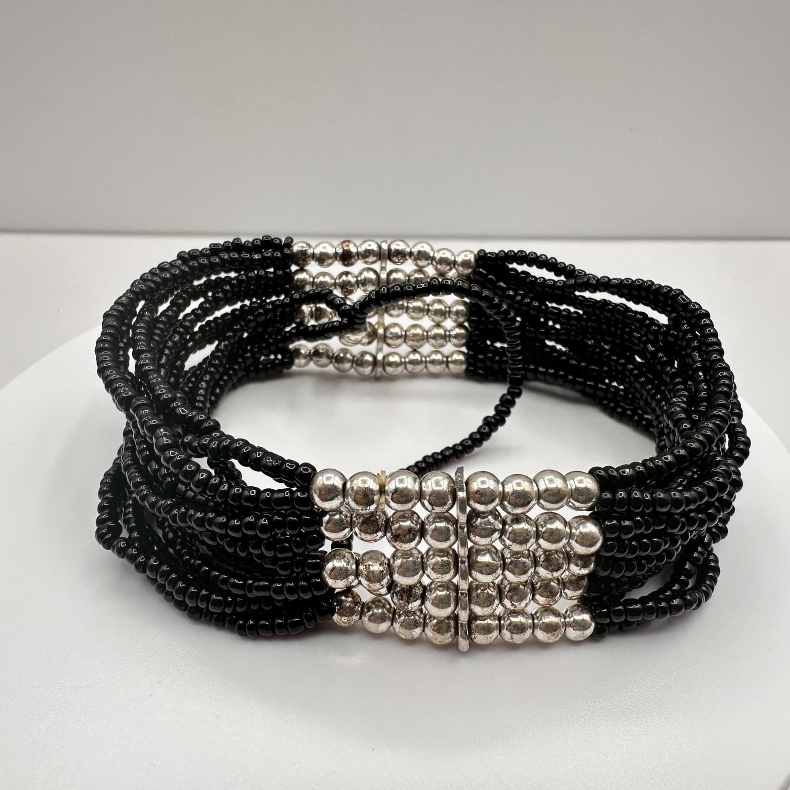 Vintage Y2K Black Beaded Multi-Strand Bracelet Silver Tone Statement Jewelry - Image 1