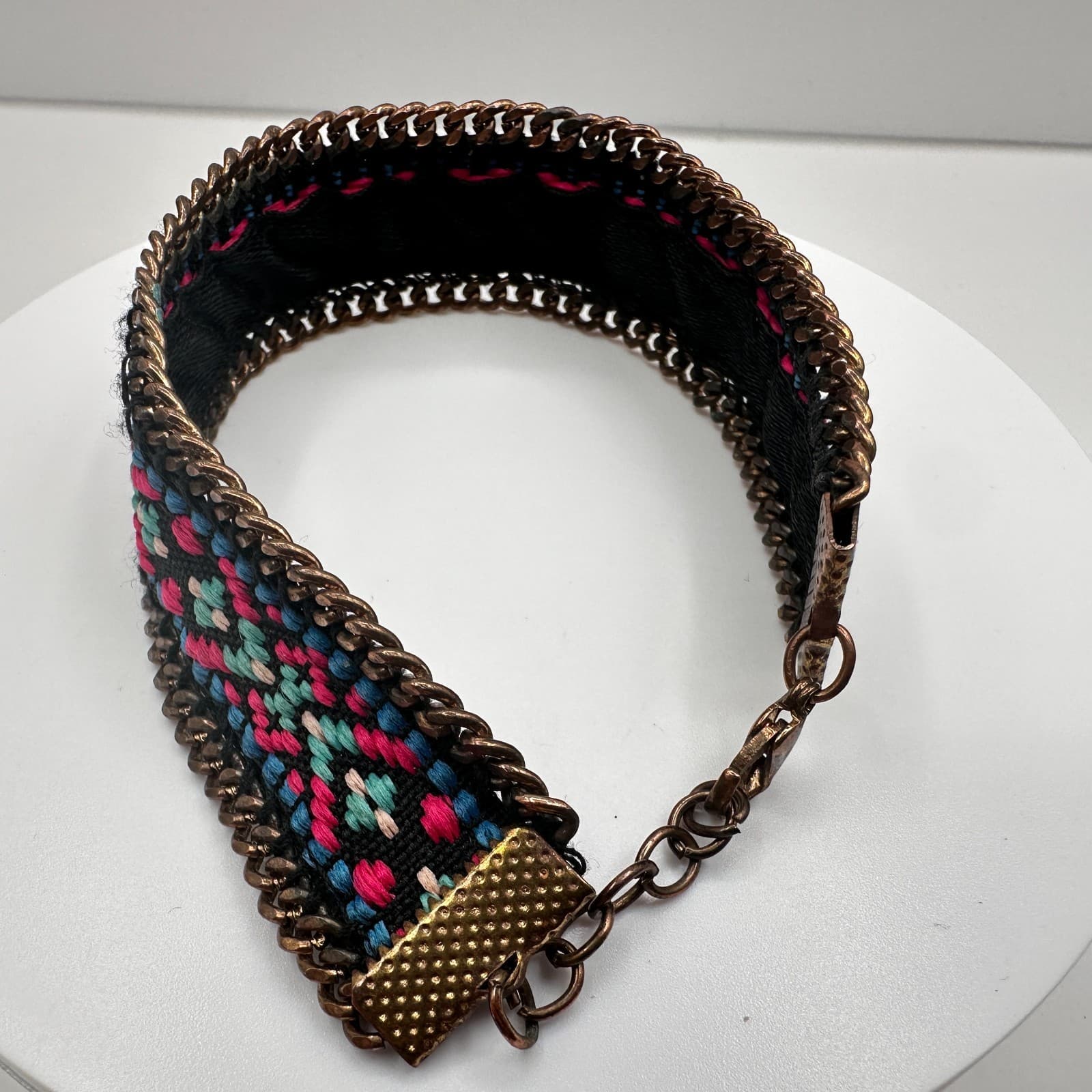 Vintage 90s Bronze Tone Geometric Pattern Cuff Bracelet Chain Women's Jewelry - Thumbnail 8