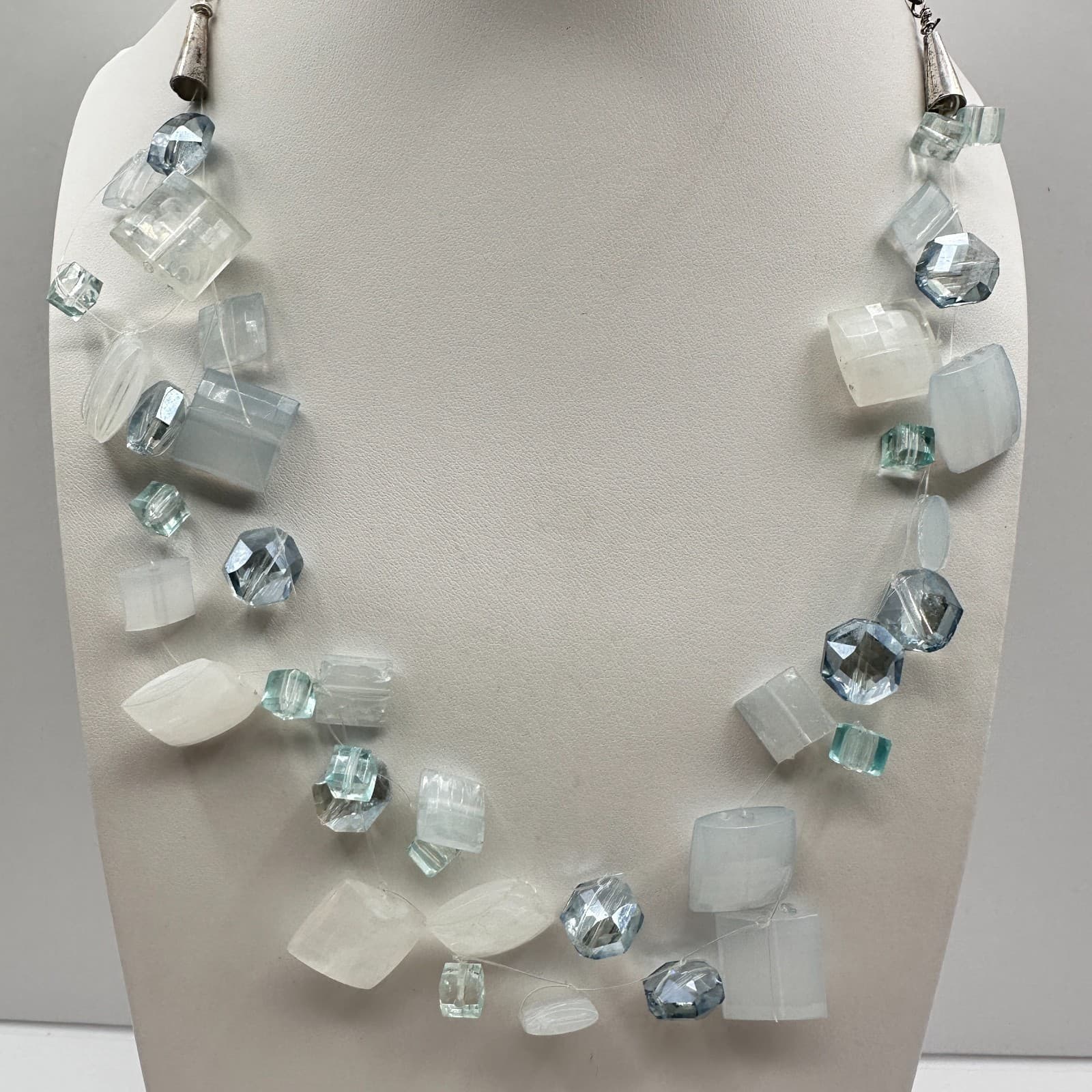 Vintage Y2K Necklace Blue & White Clear Crystal Glass Beaded Statement Jewelry - Thumbnail 7