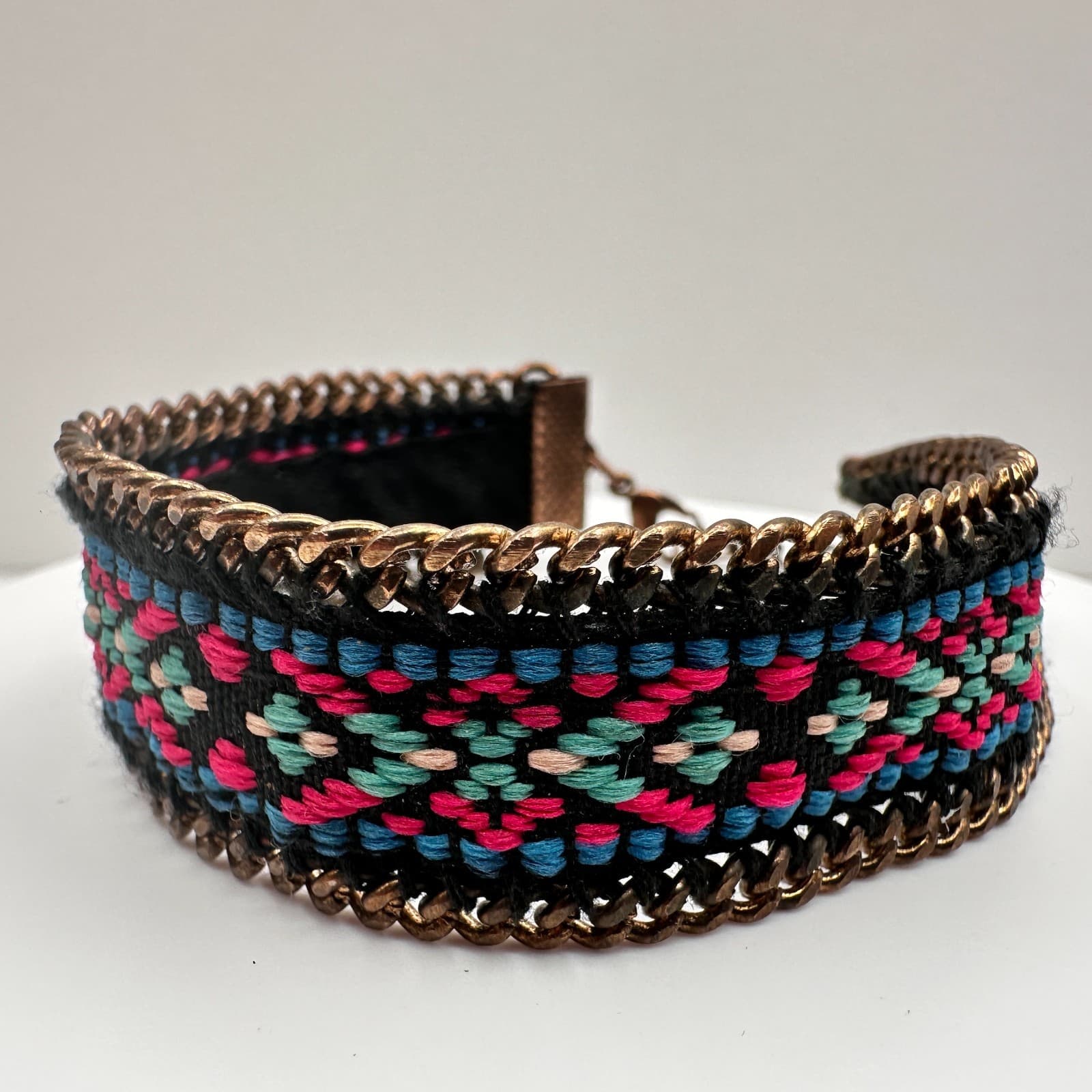 Vintage 90s Bronze Tone Geometric Pattern Cuff Bracelet Chain Women's Jewelry - Thumbnail 2