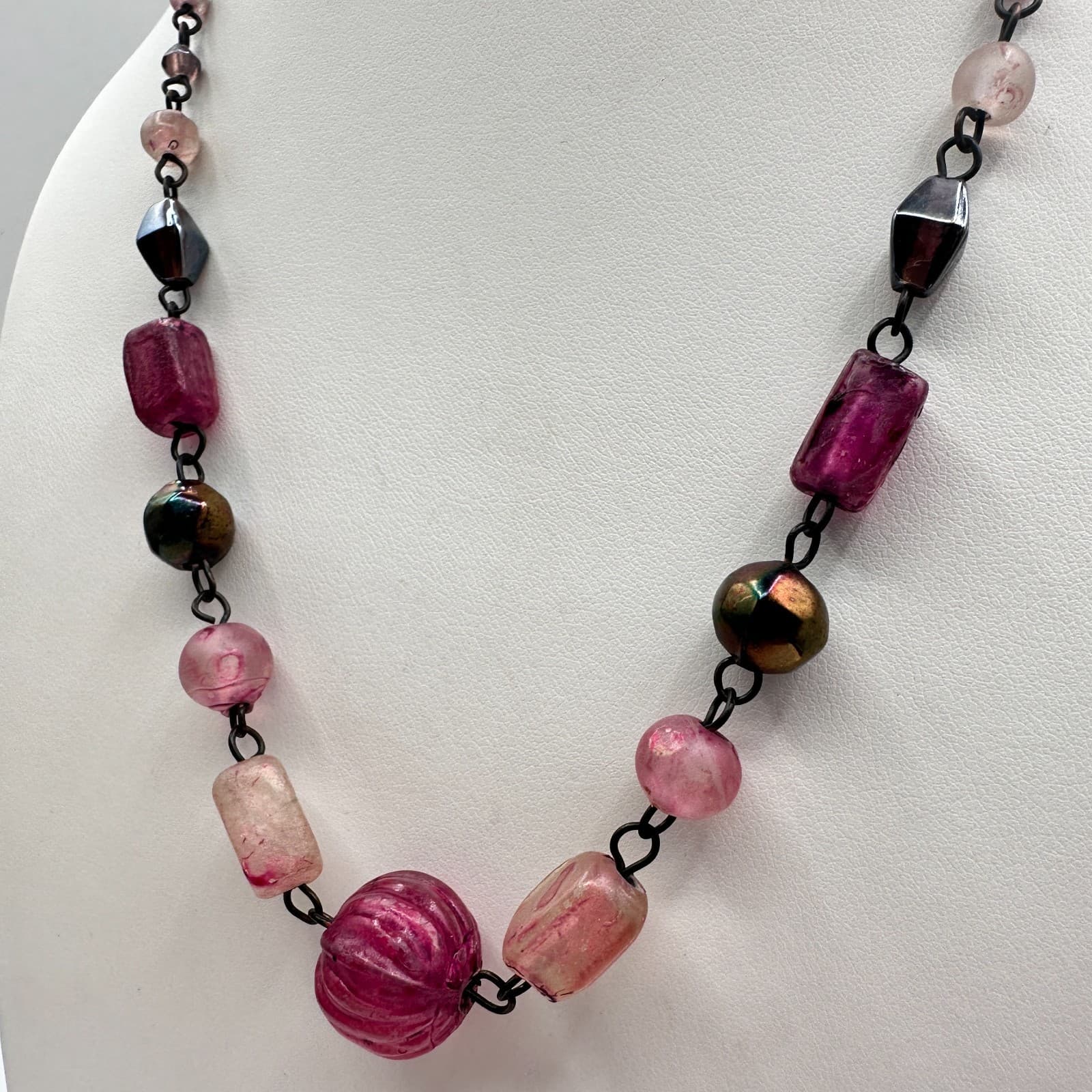 Vintage Y2K Pink Glass Beaded Statement Necklace Chunky Boho Women's Jewelry - Thumbnail 6