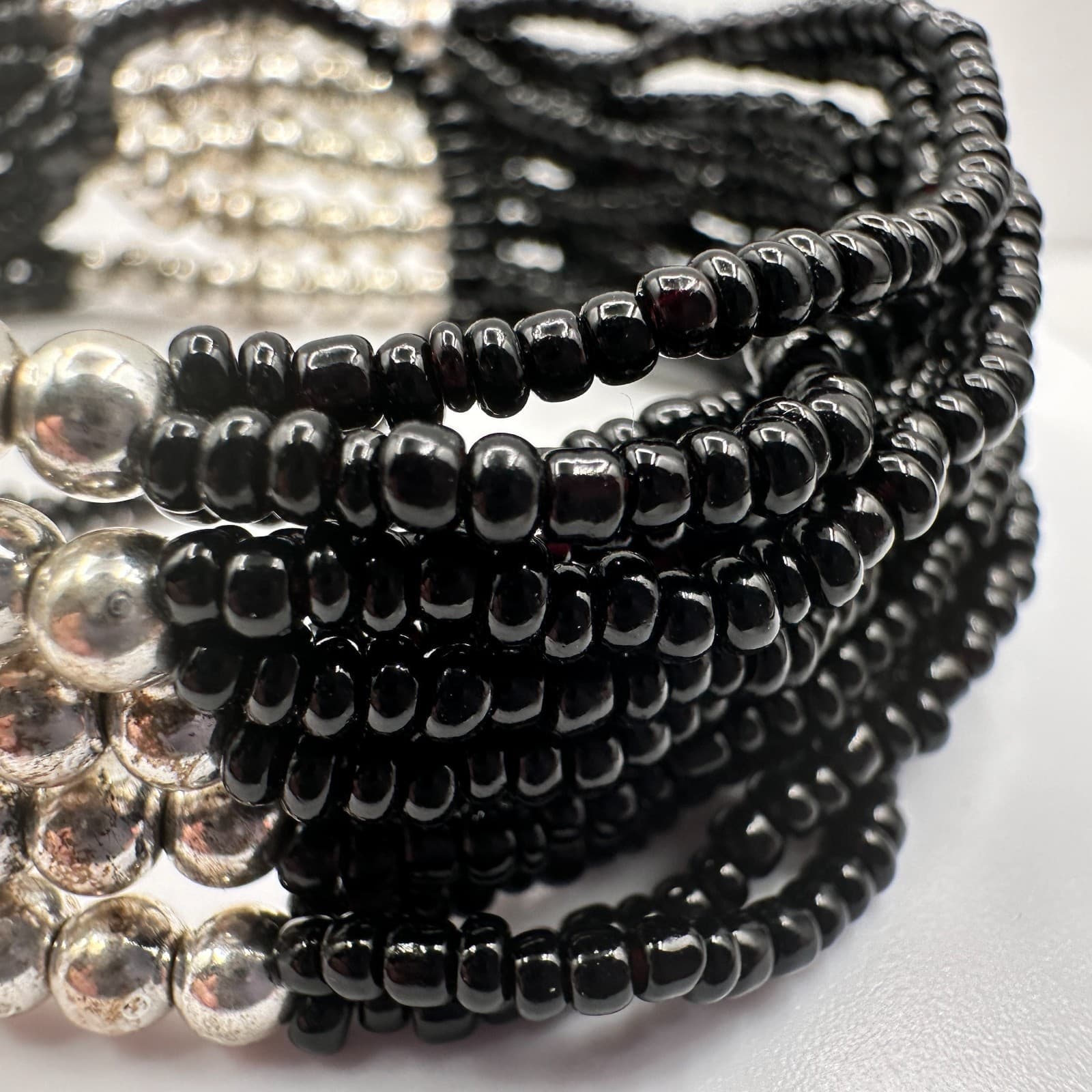 Vintage Y2K Black Beaded Multi-Strand Bracelet Silver Tone Statement Jewelry - Thumbnail 5