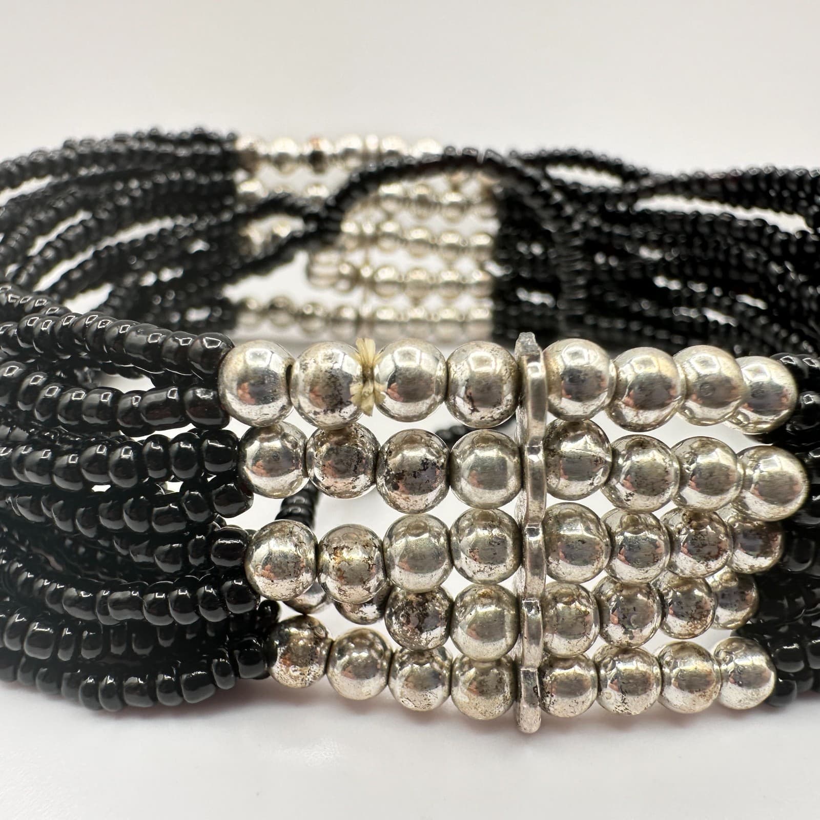 Vintage Y2K Black Beaded Multi-Strand Bracelet Silver Tone Statement Jewelry - Thumbnail 2