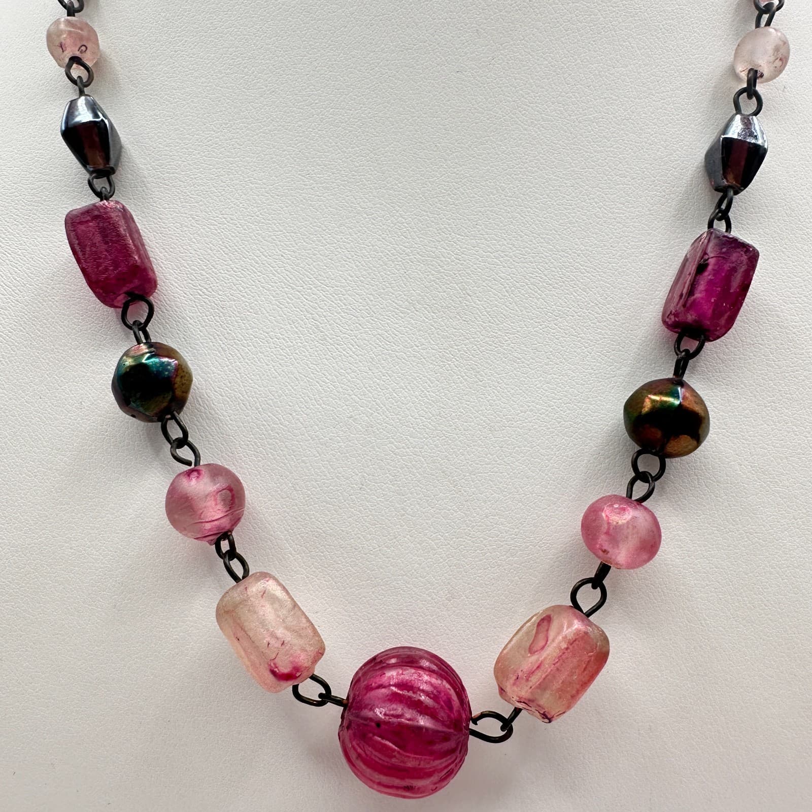 Vintage Y2K Pink Glass Beaded Statement Necklace Chunky Boho Women's Jewelry - Thumbnail 2