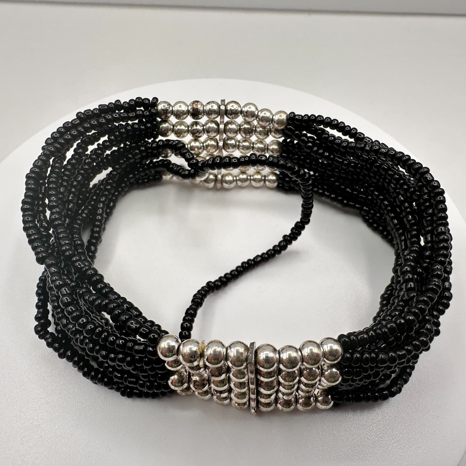 Vintage Y2K Black Beaded Multi-Strand Bracelet Silver Tone Statement Jewelry - Thumbnail 7