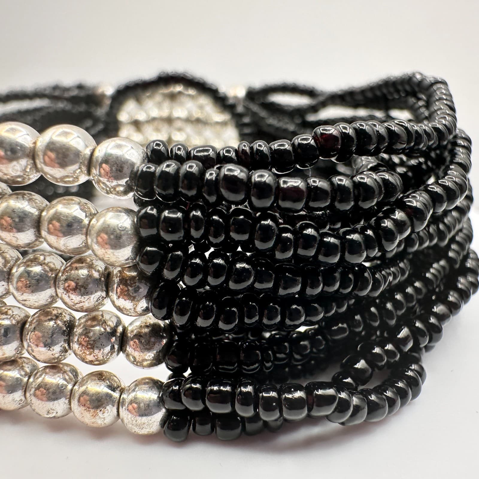 Vintage Y2K Black Beaded Multi-Strand Bracelet Silver Tone Statement Jewelry - Thumbnail 4