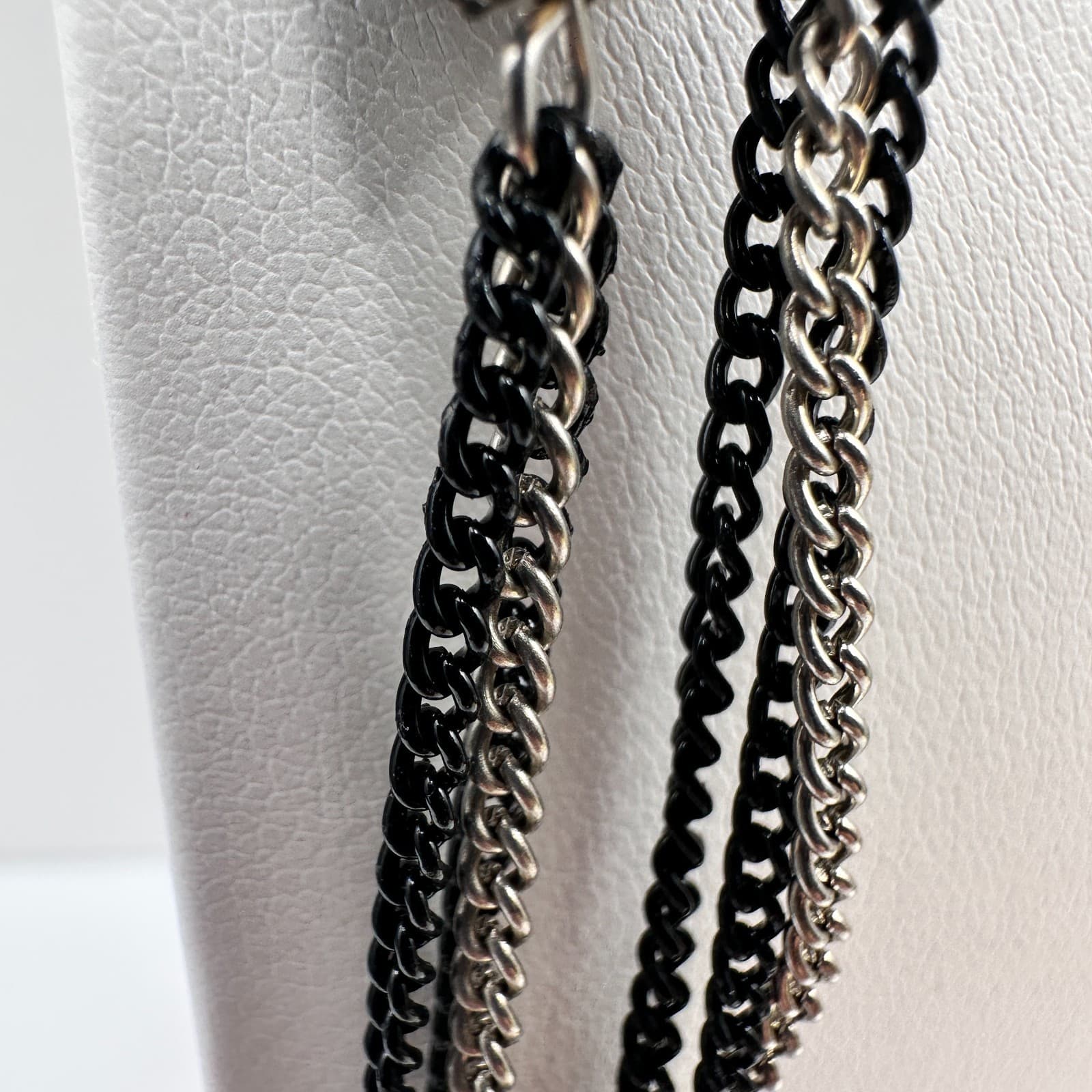 Vintage 80s Multi Strand Black Beaded Silver Tone Chain Necklace Women's Jewelry - Thumbnail 5