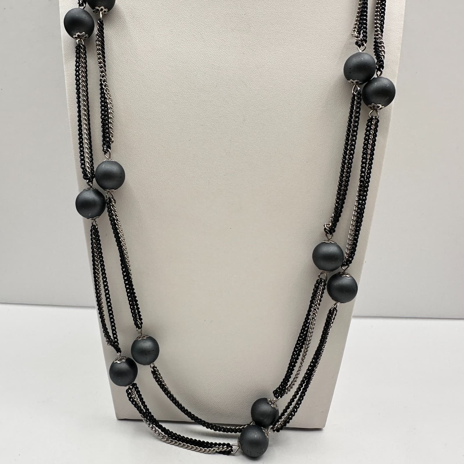 Vintage 80s Multi Strand Black Beaded Silver Tone Chain Necklace Women's Jewelry - Thumbnail 6