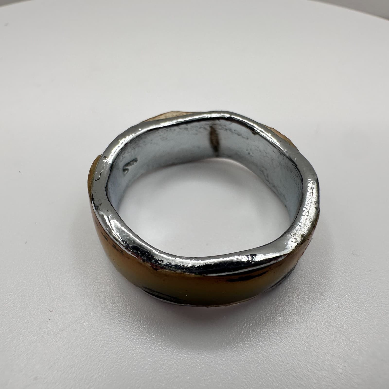 Vintage 90s Silver Tone Wavy Band Ring Brown Inlay Boho Modern Women's Jewelry - Thumbnail 3