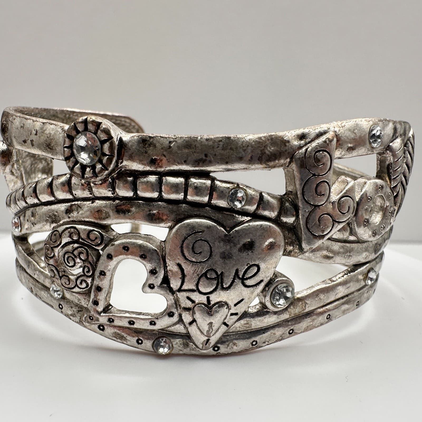 Vintage 90s Silver Tone Heart Love Cuff Wide Bracelet Clear Rhinestone Jewelry - Thumbnail 2