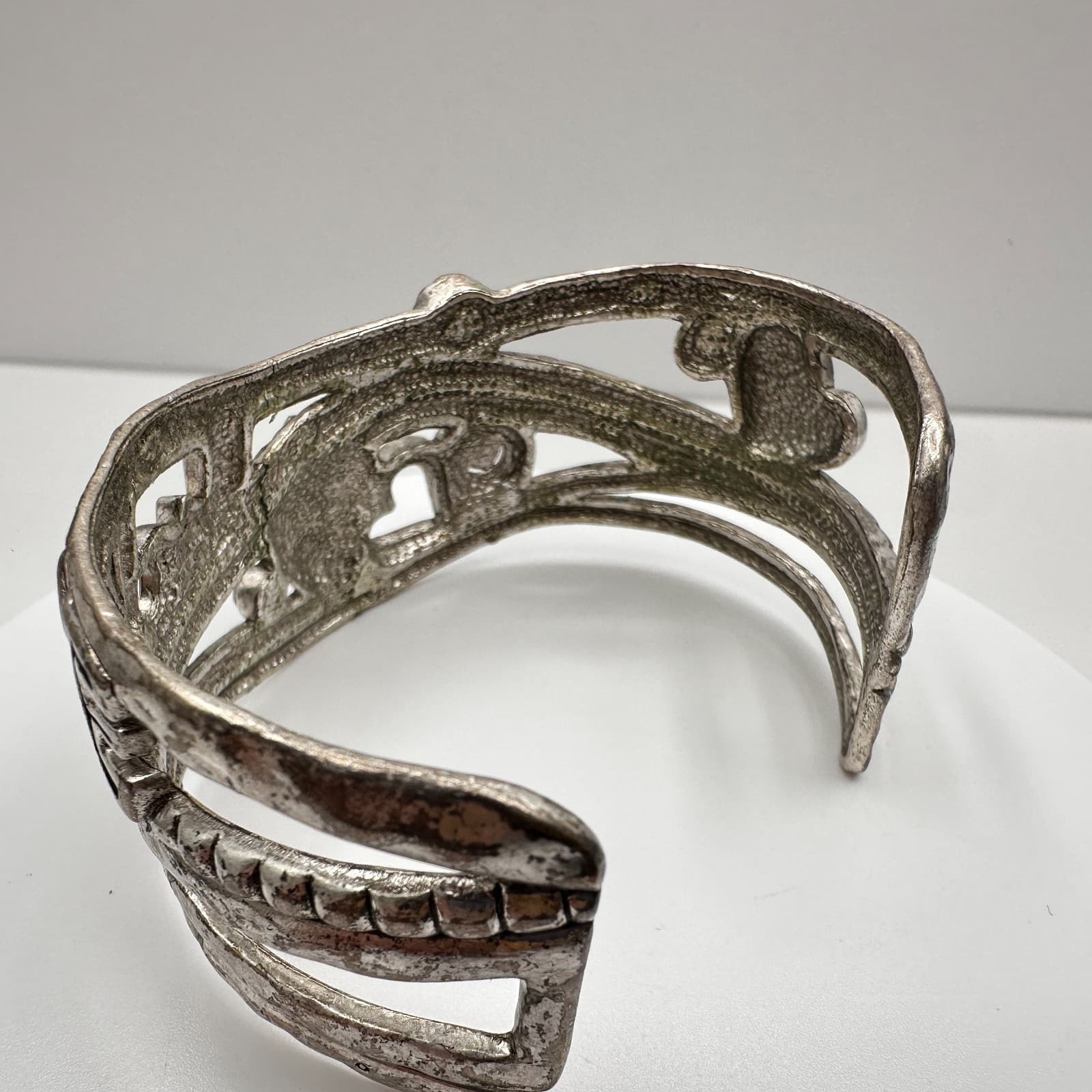 Vintage 90s Silver Tone Heart Love Cuff Wide Bracelet Clear Rhinestone Jewelry - Thumbnail 12