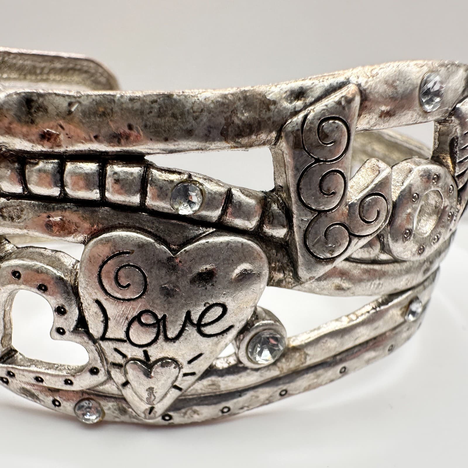 Vintage 90s Silver Tone Heart Love Cuff Wide Bracelet Clear Rhinestone Jewelry - Thumbnail 7