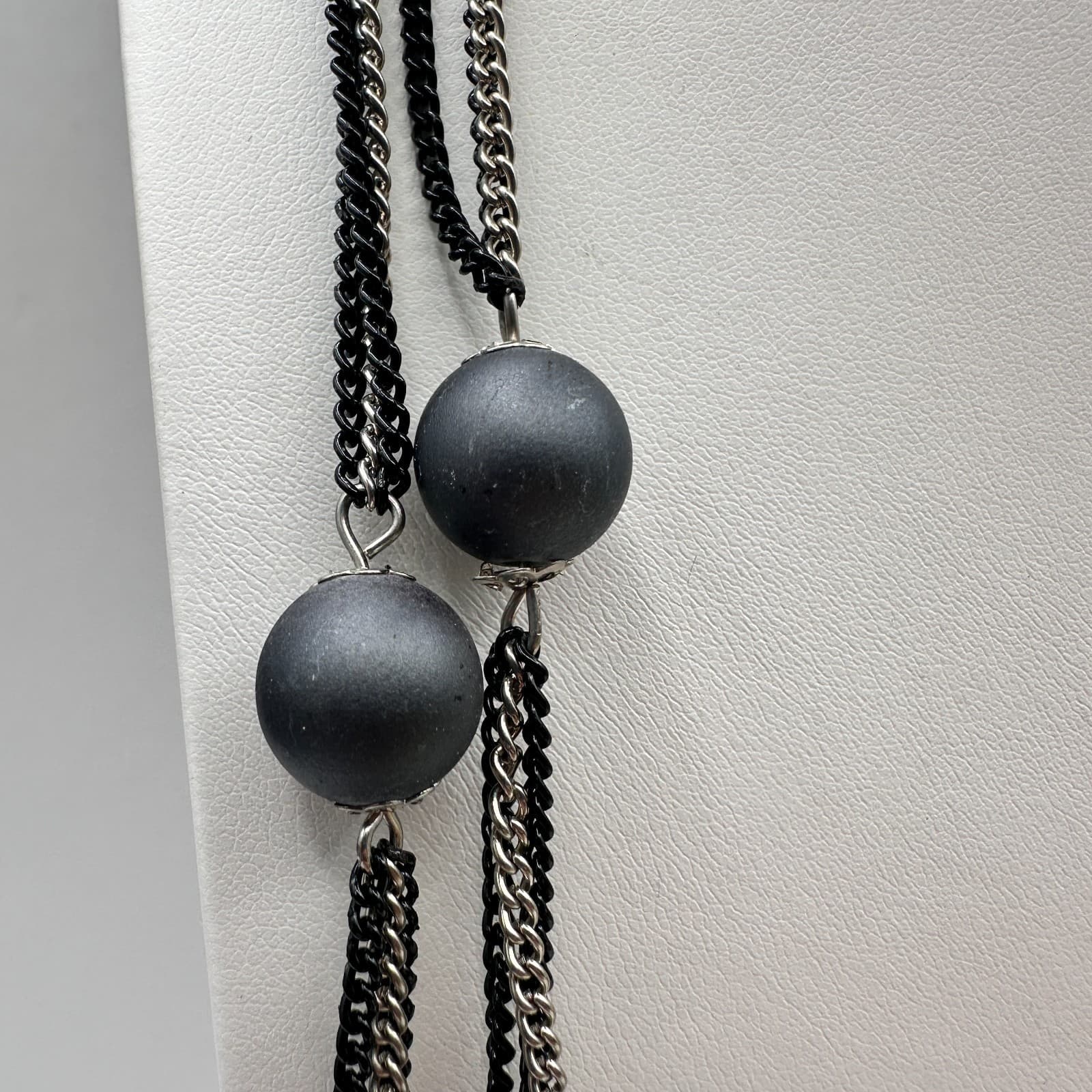 Vintage 80s Multi Strand Black Beaded Silver Tone Chain Necklace Women's Jewelry - Thumbnail 3