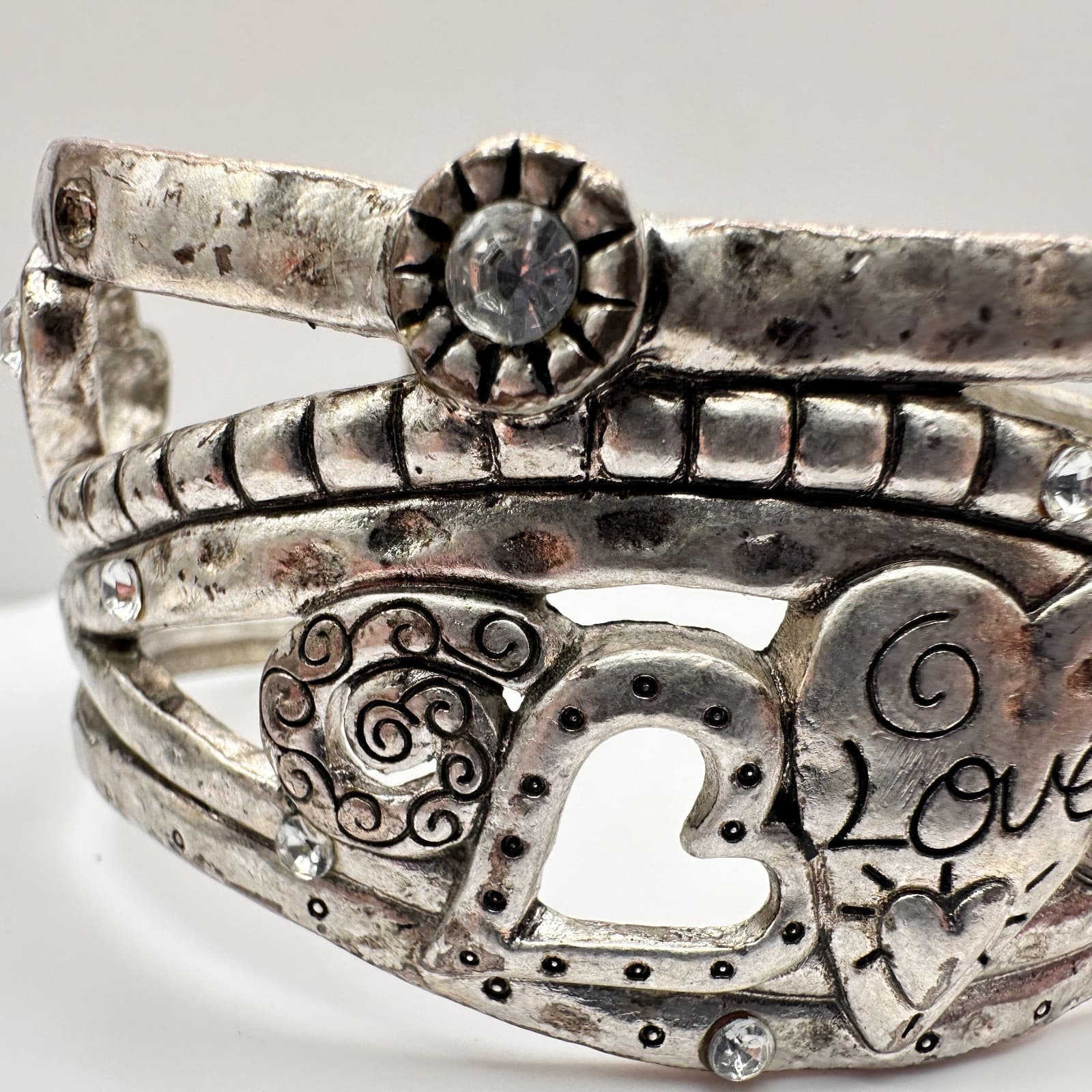Vintage 90s Silver Tone Heart Love Cuff Wide Bracelet Clear Rhinestone Jewelry - Thumbnail 3