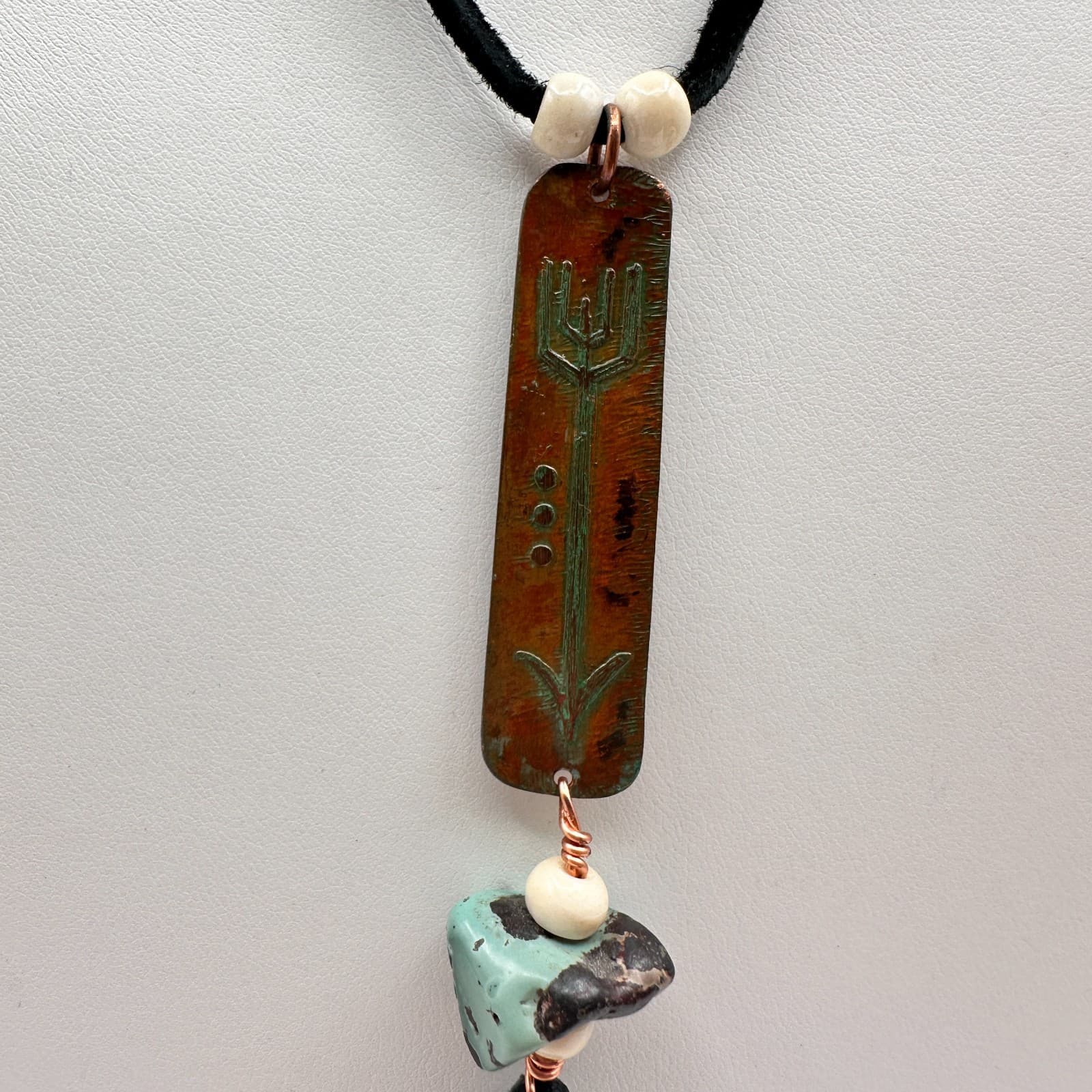 Vintage 90s Turquoise Stone Copper Tone Boho Tassel Necklace Women's Jewelry - Thumbnail 6