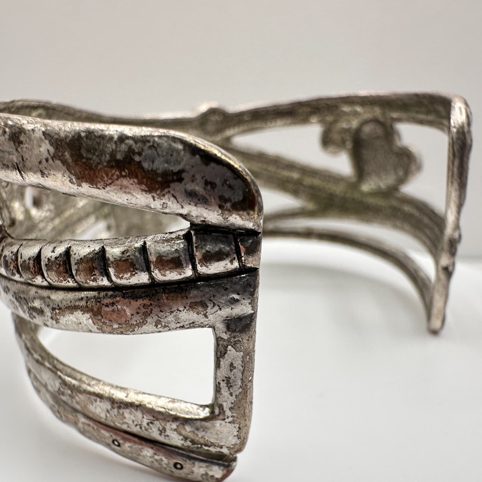 Vintage 90s Silver Tone Heart Love Cuff Wide Bracelet Clear Rhinestone Jewelry - Thumbnail 10