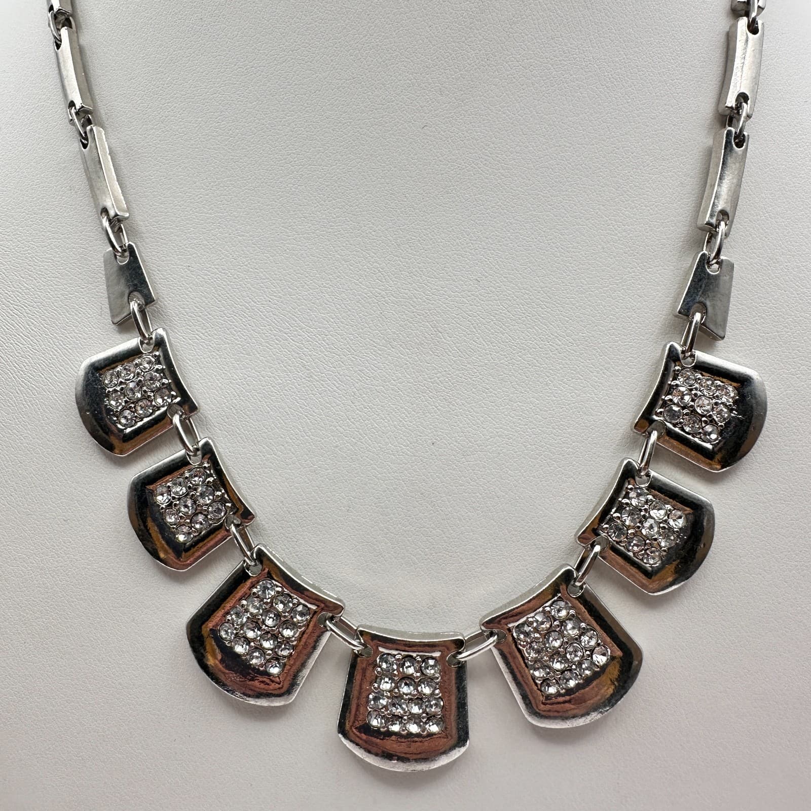Vintage 90s Silver Tone Clear Rhinestone Statement Bib Necklace Women's Jewelry - Thumbnail 2