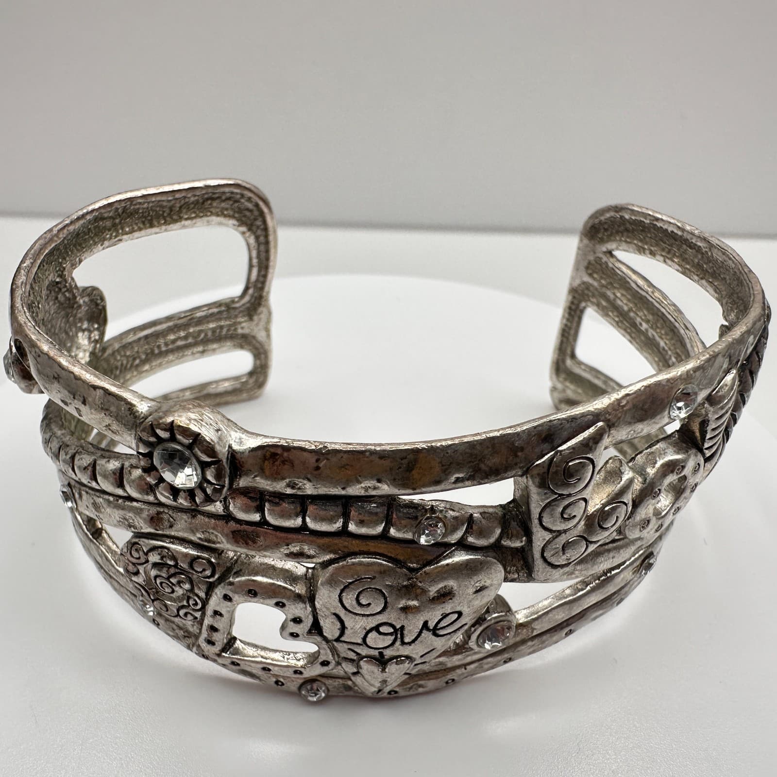 Vintage 90s Silver Tone Heart Love Cuff Wide Bracelet Clear Rhinestone Jewelry - Thumbnail 5