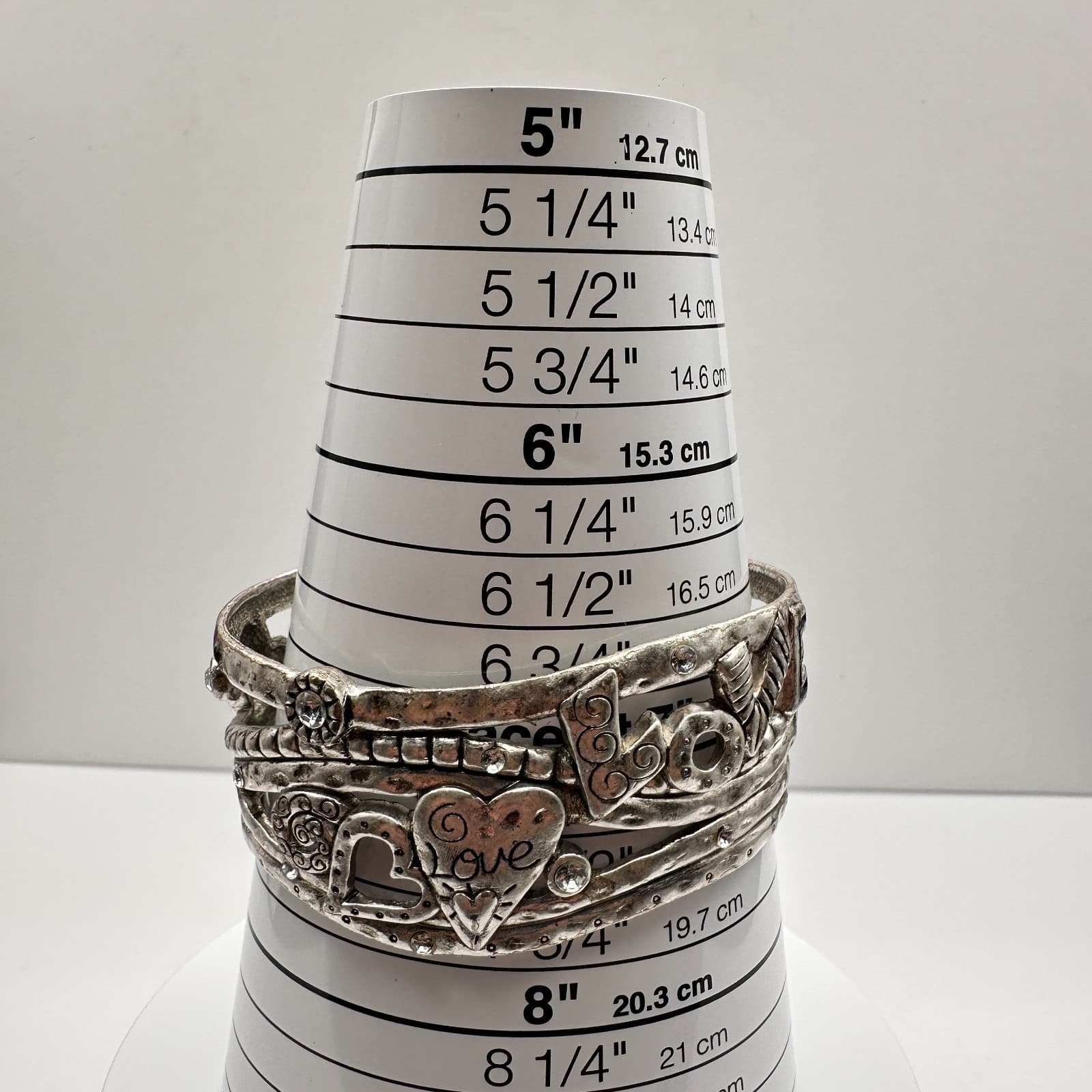 Vintage 90s Silver Tone Heart Love Cuff Wide Bracelet Clear Rhinestone Jewelry - Thumbnail 13