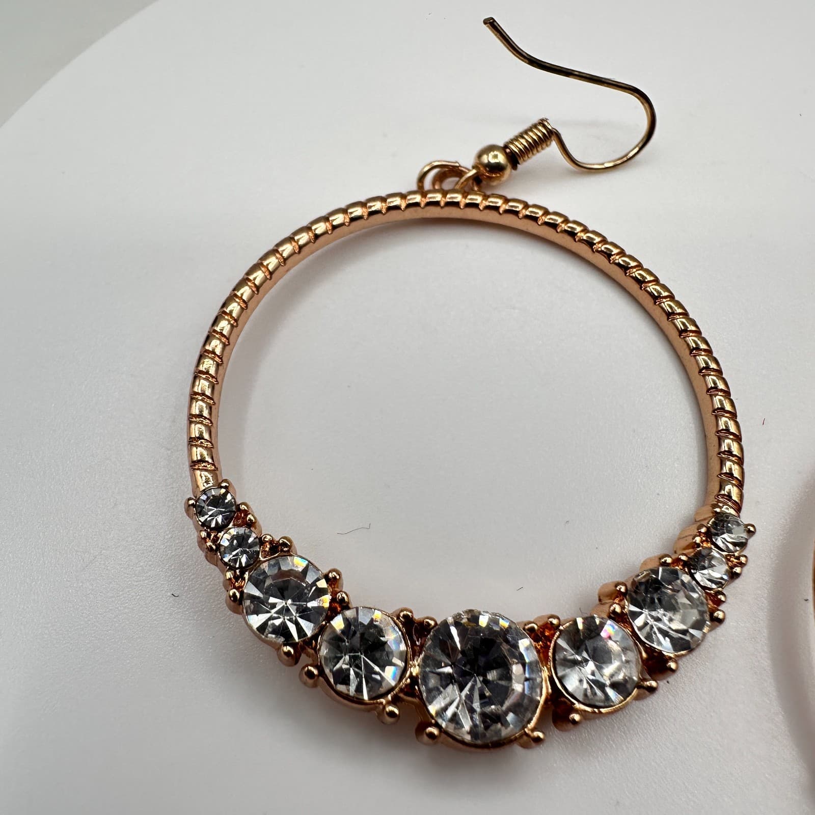 Vintage 90s Rose Gold Tone Clear Rhinestone Hoop Earrings Women's Jewelry - Thumbnail 3