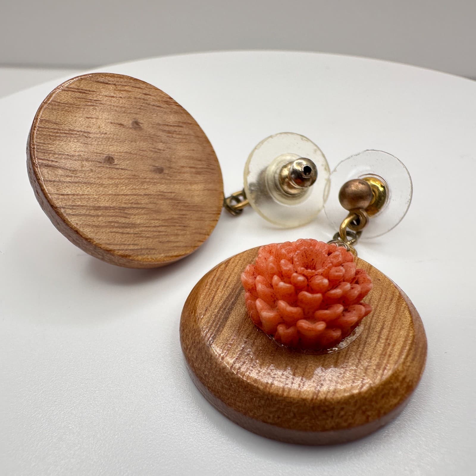 Vintage 80s Boho Wooden Dangle Earrings Pink Floral Resin Women's Jewelry - Thumbnail 7