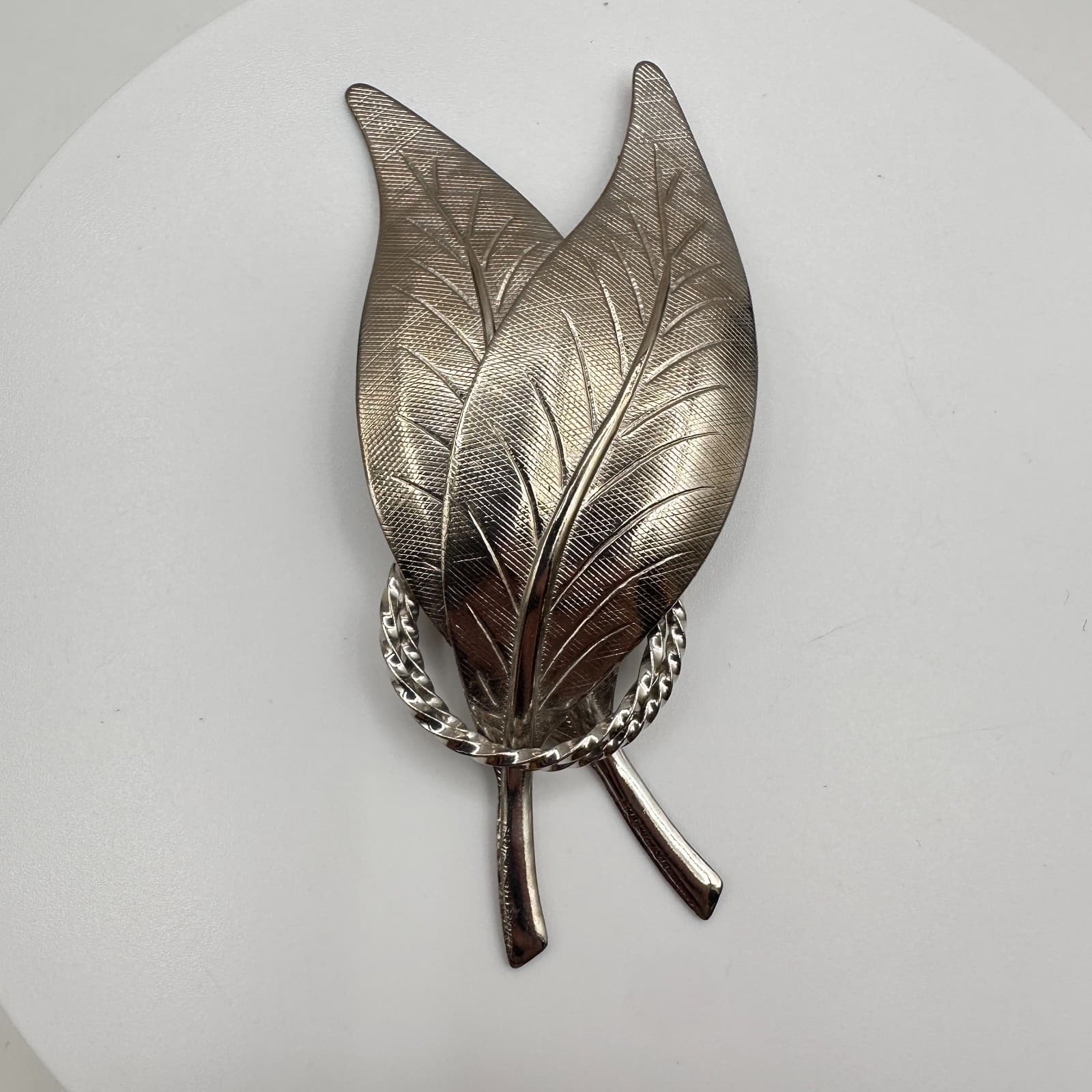 Vintage 80s Silver Tone Textured Double Leaf Brooch Pin Women's Classic Jewelry - Thumbnail 4