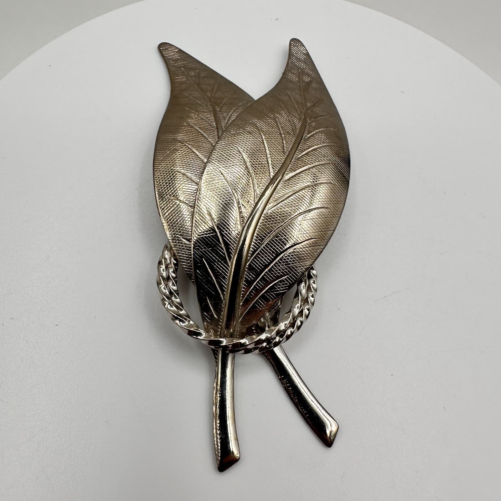 Vintage 80s Silver Tone Textured Double Leaf Brooch Pin Women's Classic Jewelry - Thumbnail 2