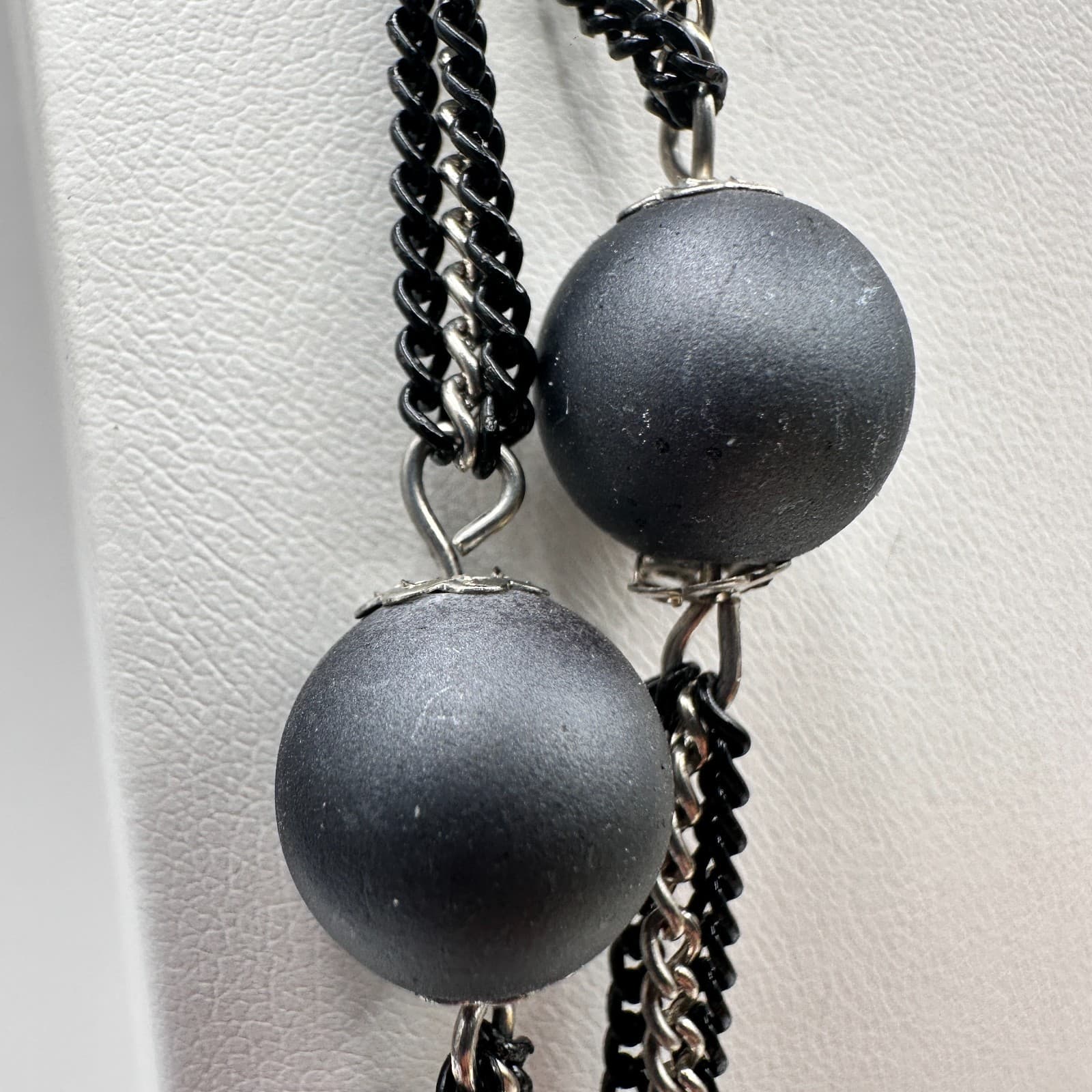 Vintage 80s Multi Strand Black Beaded Silver Tone Chain Necklace Women's Jewelry - Thumbnail 4