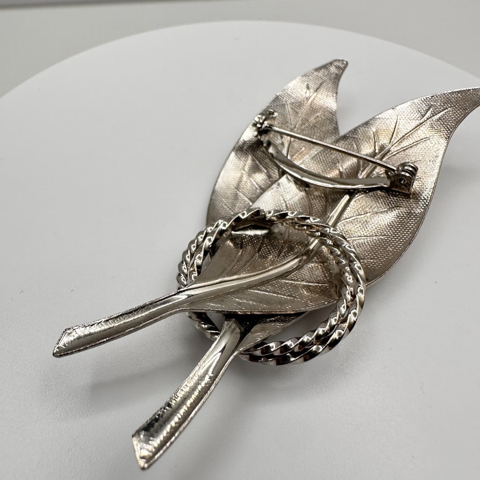 Vintage 80s Silver Tone Textured Double Leaf Brooch Pin Women's Classic Jewelry - Thumbnail 10