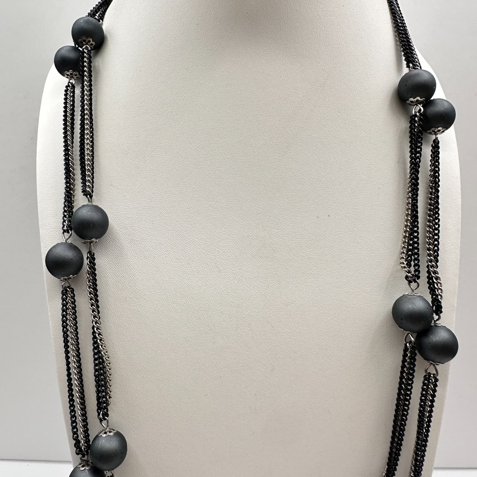 Vintage 80s Multi Strand Black Beaded Silver Tone Chain Necklace Women's Jewelry - Thumbnail 2