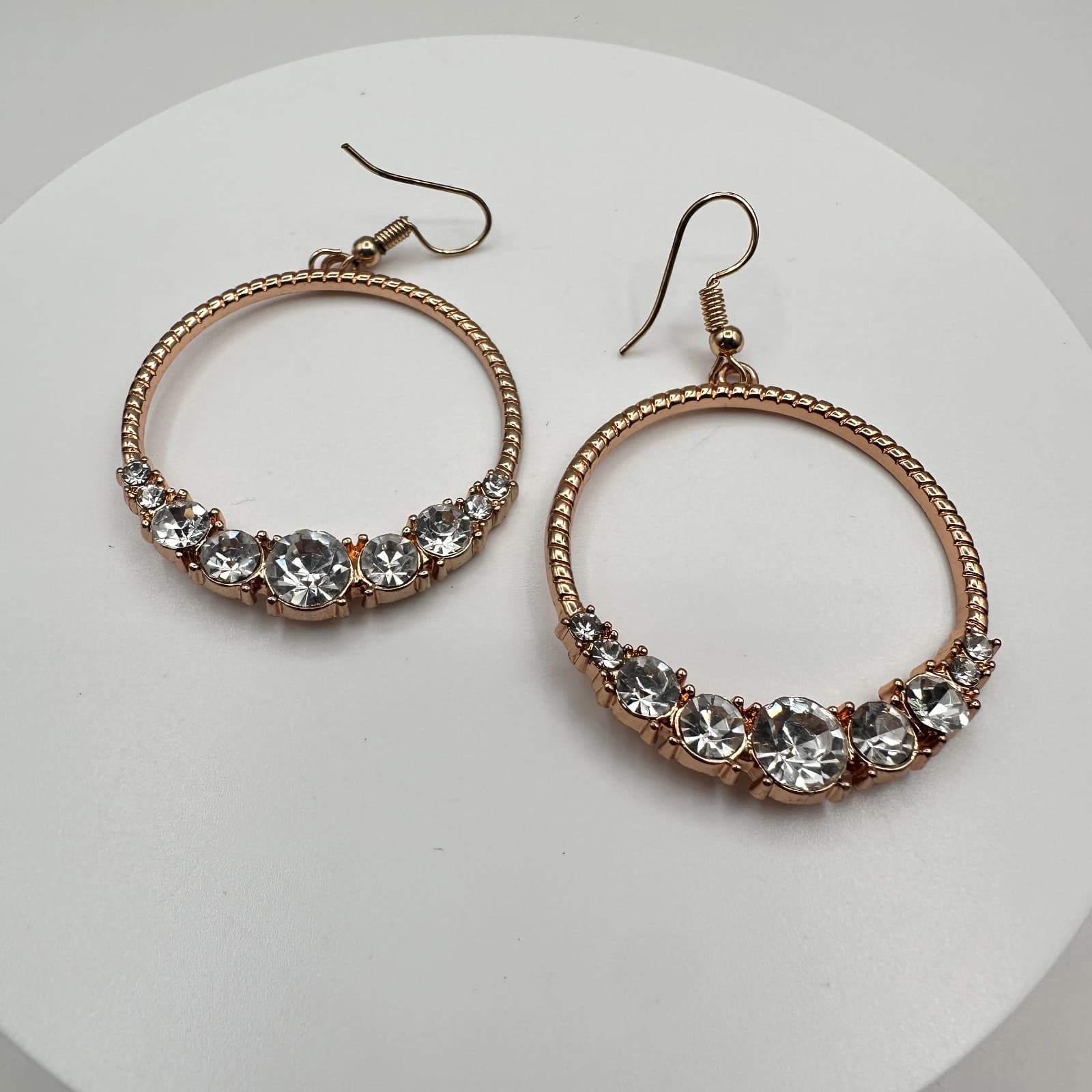 Vintage 90s Rose Gold Tone Clear Rhinestone Hoop Earrings Women's Jewelry - Thumbnail 2