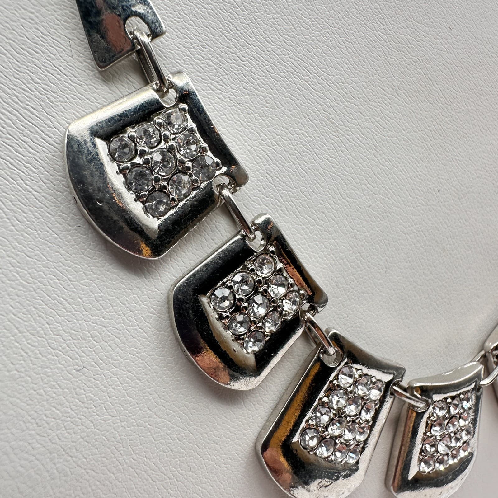 Vintage 90s Silver Tone Clear Rhinestone Statement Bib Necklace Women's Jewelry - Thumbnail 6