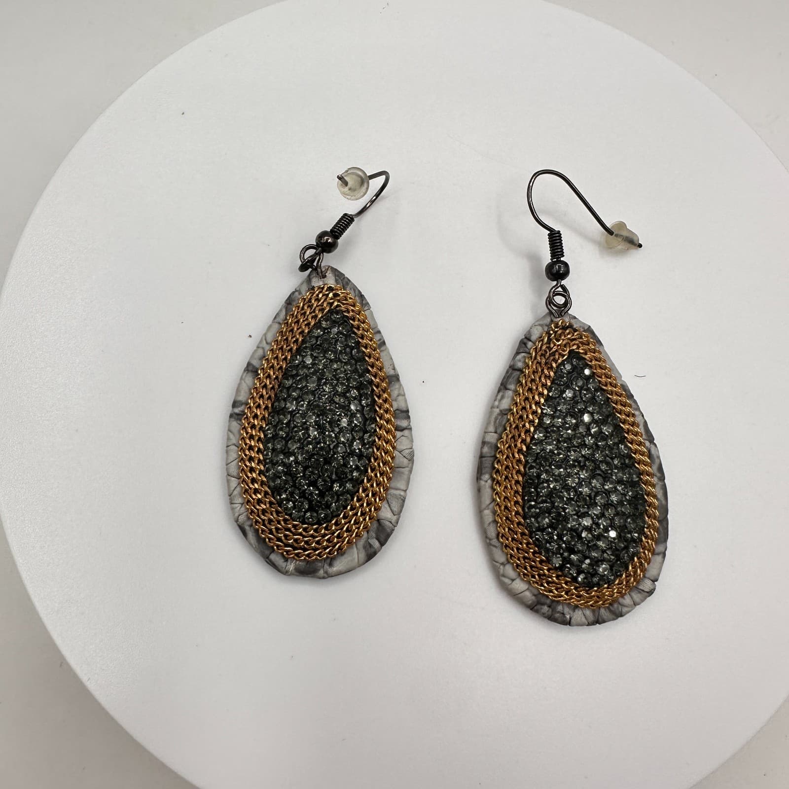 Vintage 90s Black Rhinestone Teardrop Earrings Gold Tone Chain Women's Jewelry - Thumbnail 2