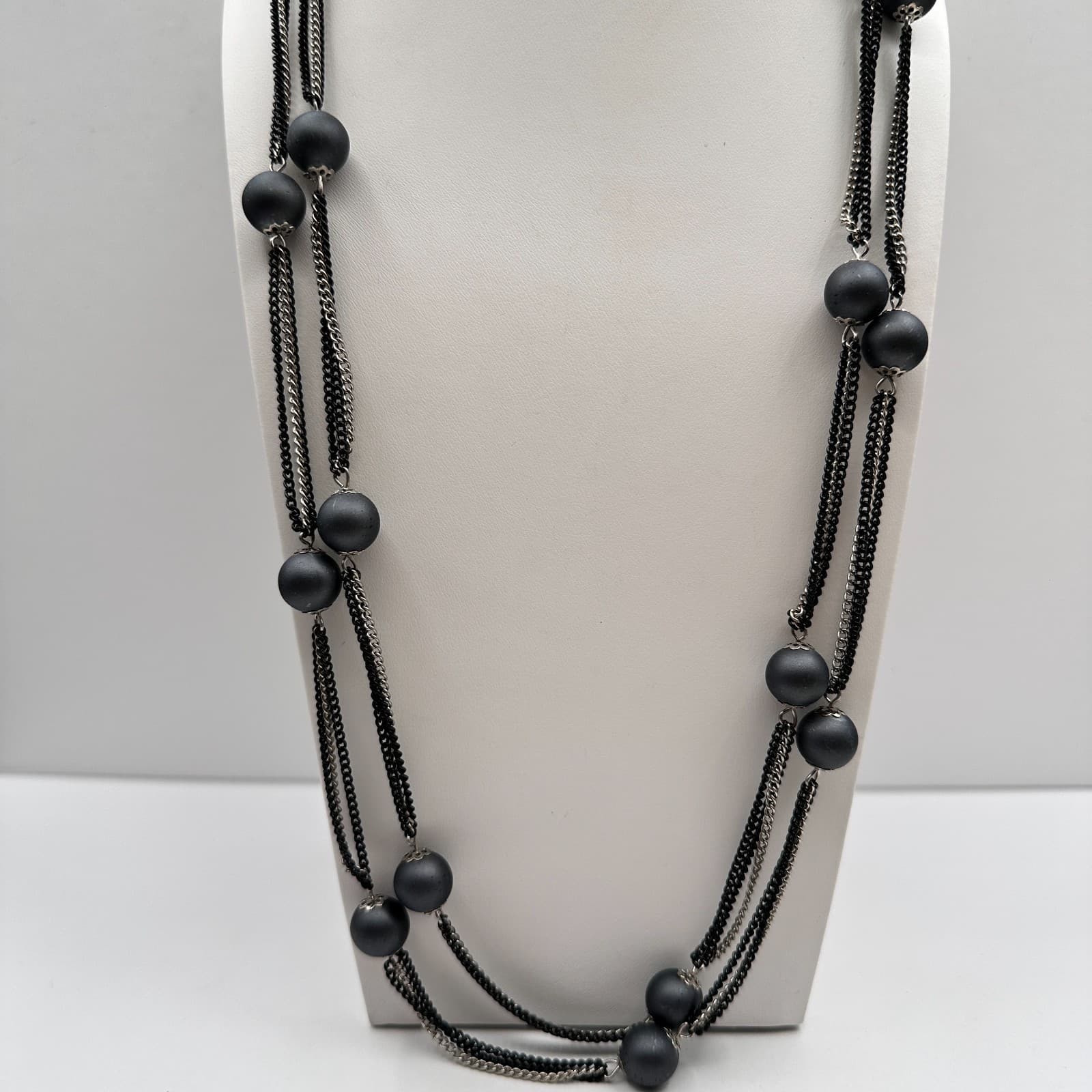 Vintage 80s Multi Strand Black Beaded Silver Tone Chain Necklace Women's Jewelry - Image 1