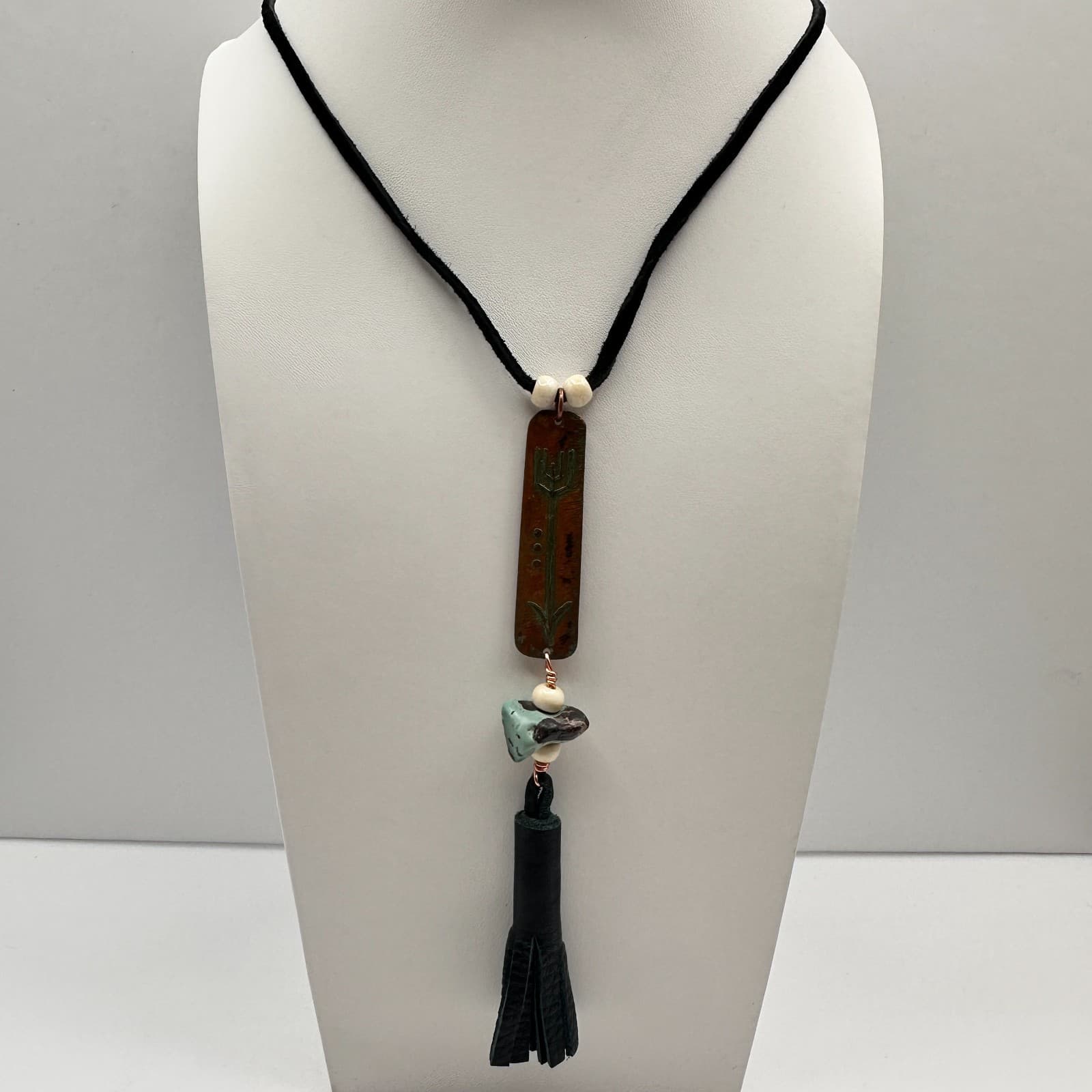 Vintage 90s Turquoise Stone Copper Tone Boho Tassel Necklace Women's Jewelry - Thumbnail 4