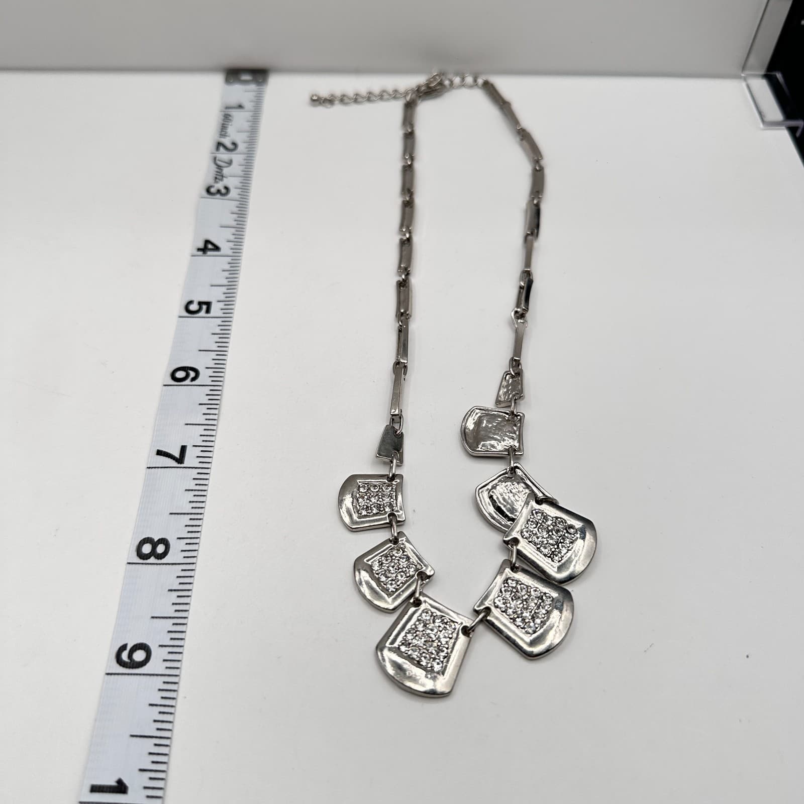 Vintage 90s Silver Tone Clear Rhinestone Statement Bib Necklace Women's Jewelry - Thumbnail 11