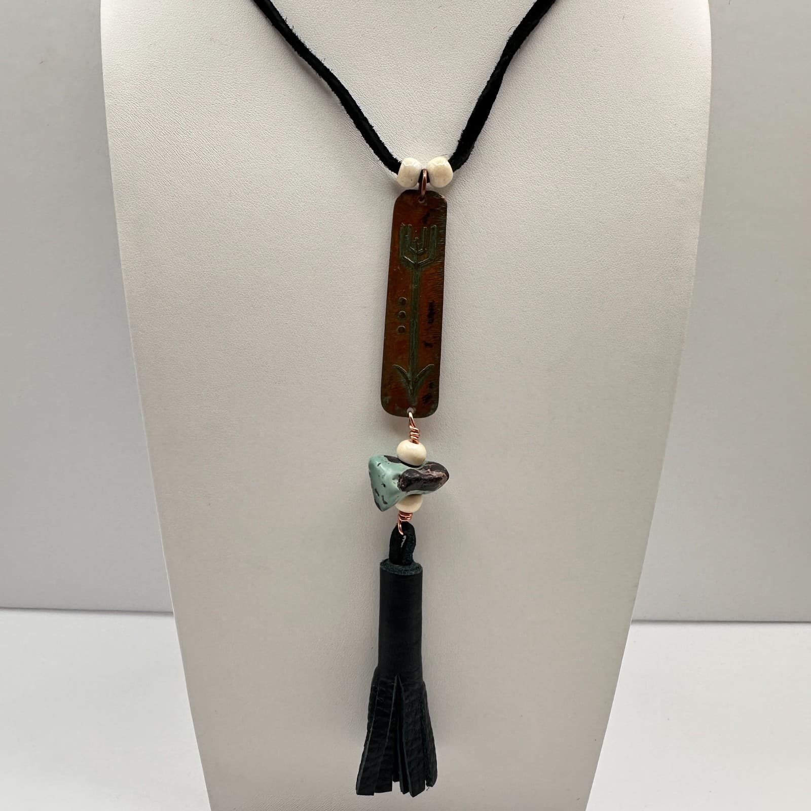 Vintage 90s Turquoise Stone Copper Tone Boho Tassel Necklace Women's Jewelry - Thumbnail 2