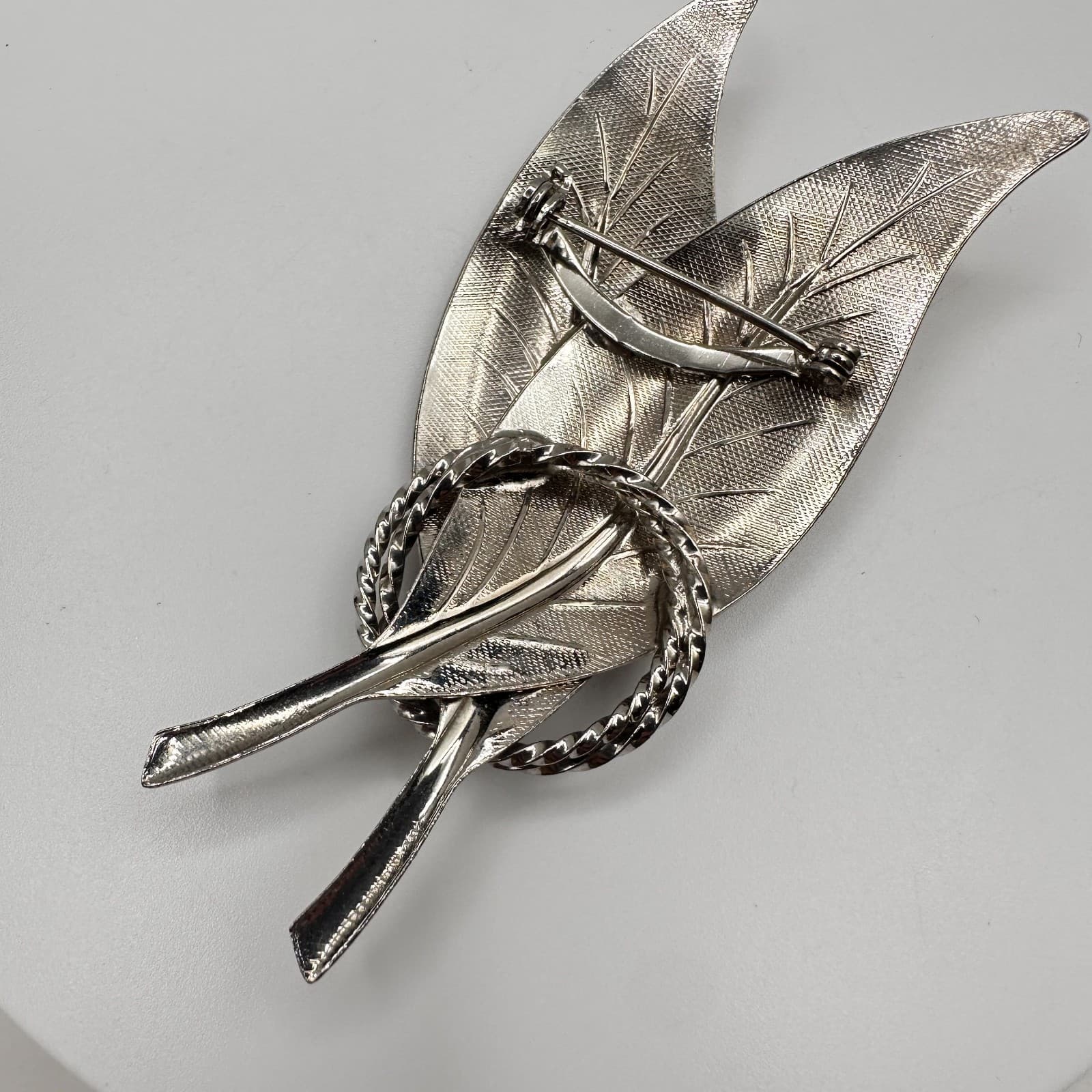 Vintage 80s Silver Tone Textured Double Leaf Brooch Pin Women's Classic Jewelry - Thumbnail 11