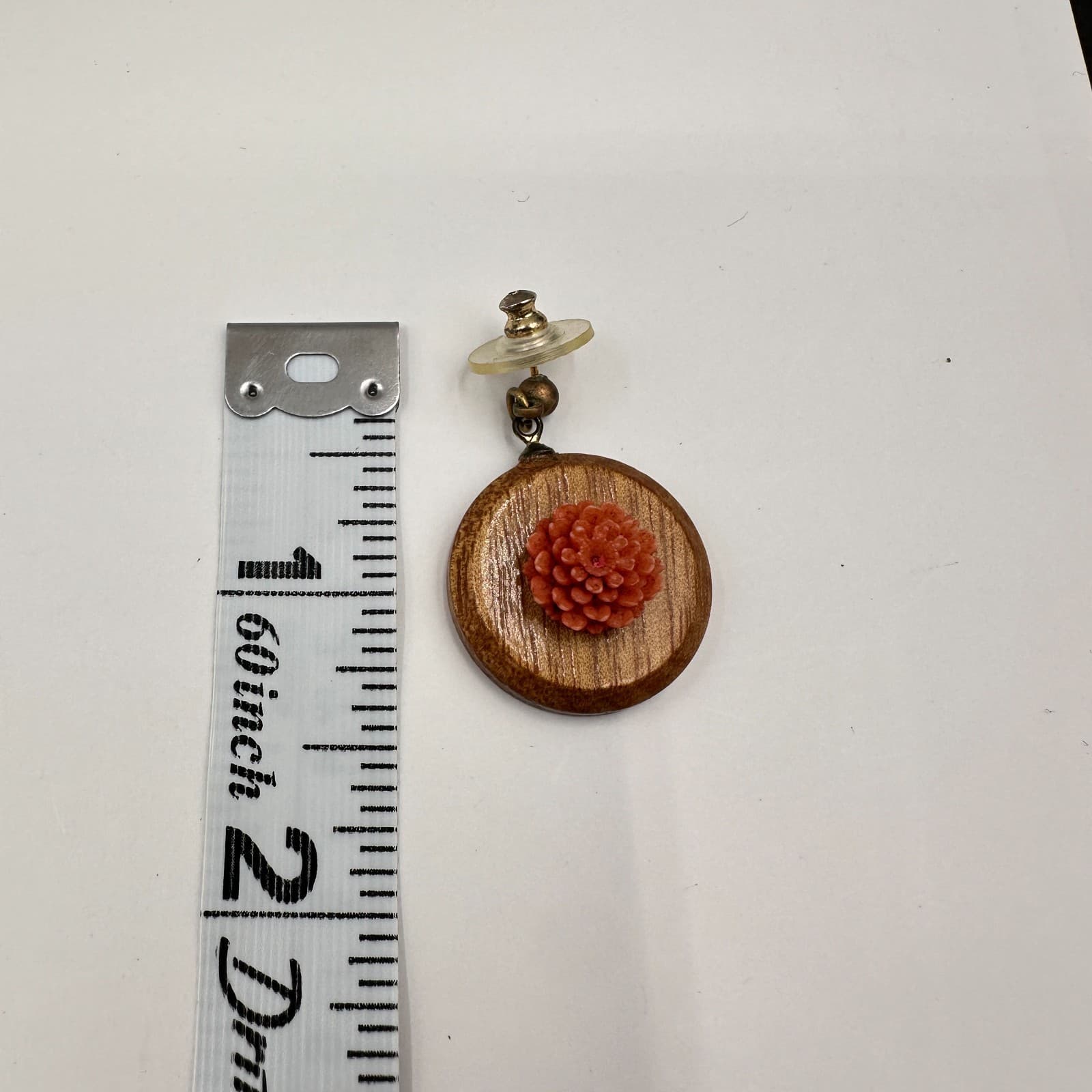 Vintage 80s Boho Wooden Dangle Earrings Pink Floral Resin Women's Jewelry - Thumbnail 8