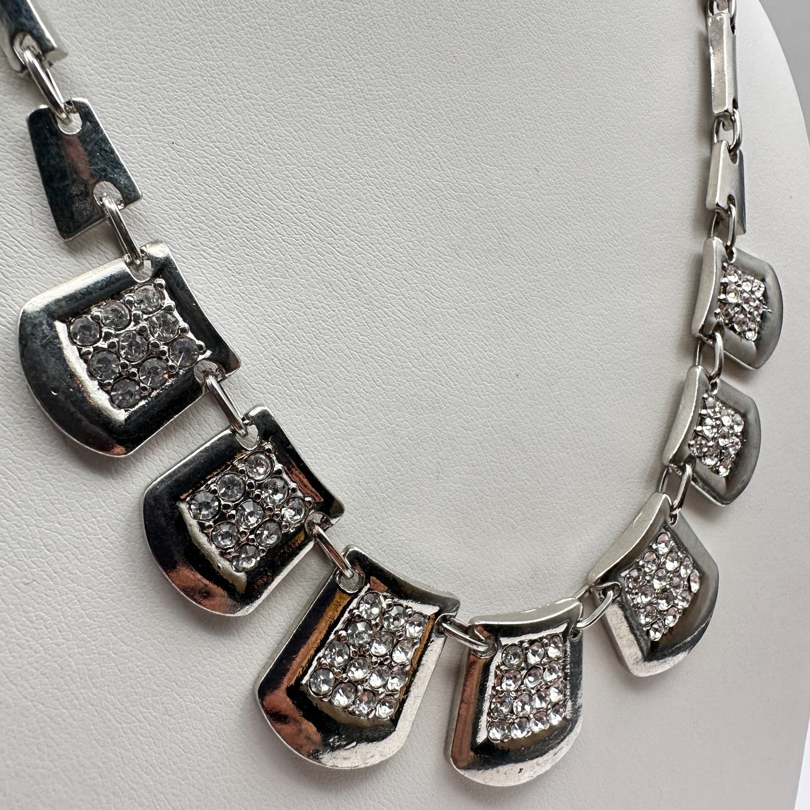 Vintage 90s Silver Tone Clear Rhinestone Statement Bib Necklace Women's Jewelry - Thumbnail 4