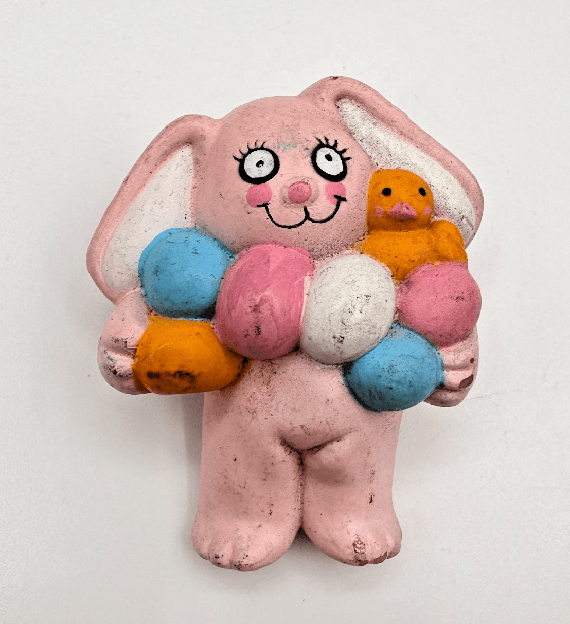 Vintage 80s Easter Unlimited Pink Bunny Rabbit Brooch Duck Eggs Pastel Jewelry - Image 1