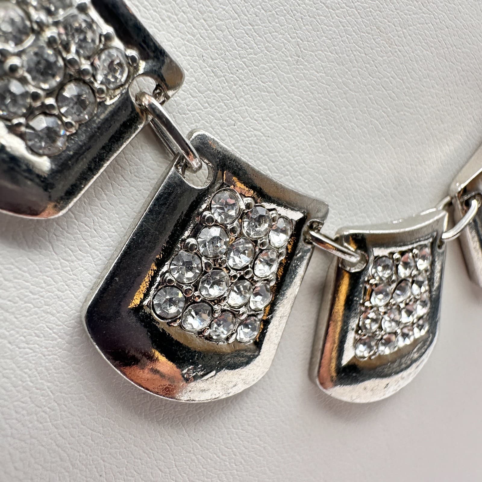 Vintage 90s Silver Tone Clear Rhinestone Statement Bib Necklace Women's Jewelry - Thumbnail 7
