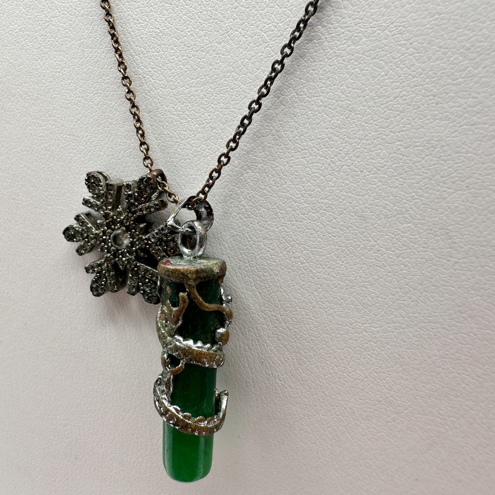 Vintage 90s Silver Snowflake Jade Pendent Necklace Boho Women's Classic Jewelry - Thumbnail 4