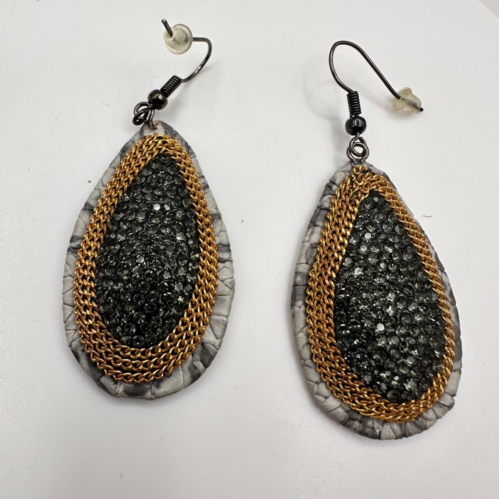 Vintage 90s Black Rhinestone Teardrop Earrings Gold Tone Chain Women's Jewelry - Image 1