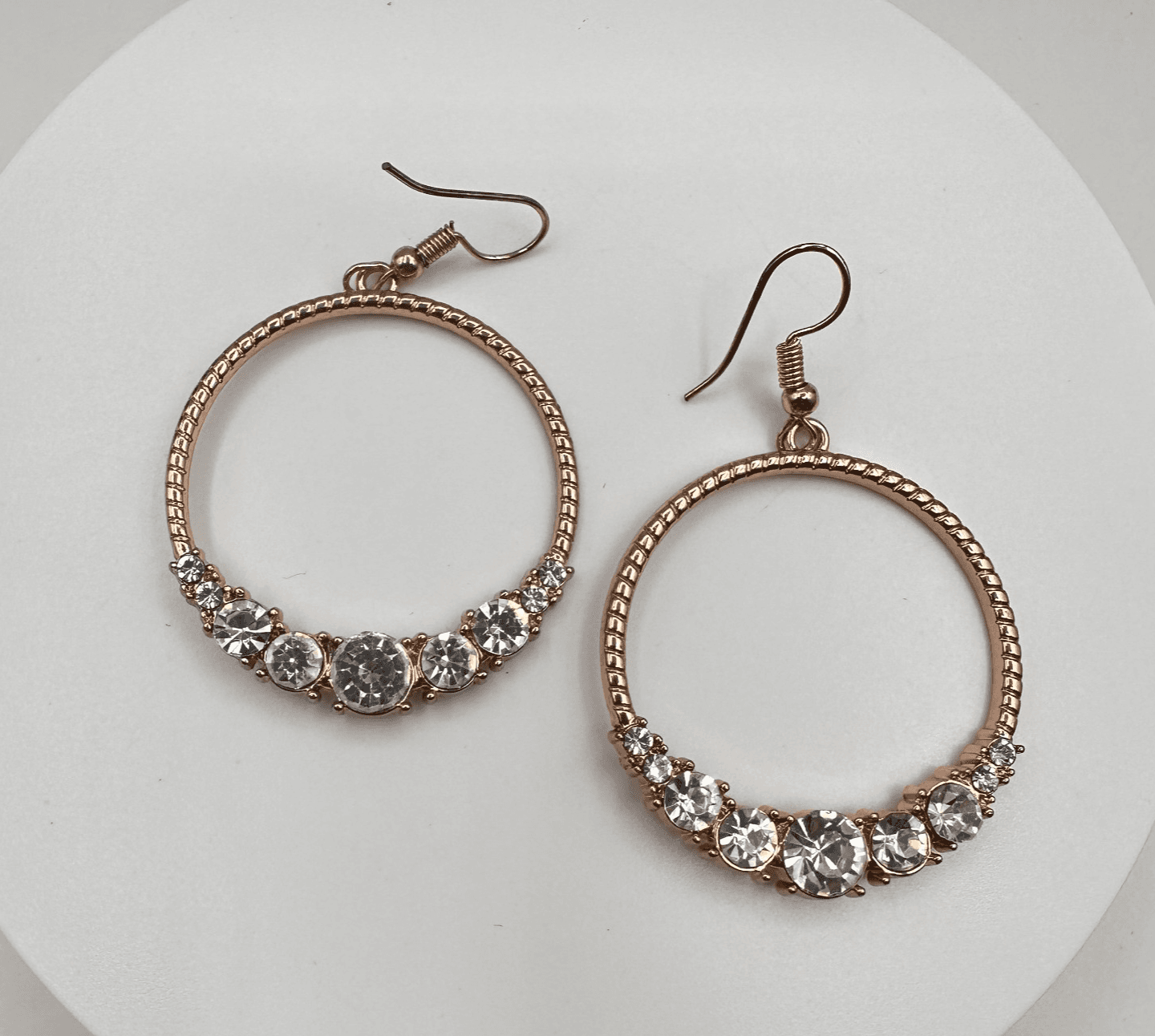 Vintage 90s Rose Gold Tone Clear Rhinestone Hoop Earrings Women's Jewelry - Image 1