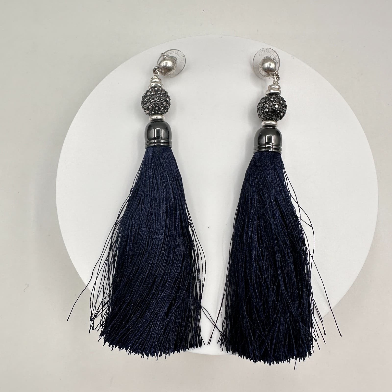 Vintage 80s Navy Tassel Stud Earrings Silver Tone Crystal Bead Women's Jewelry - Image 1