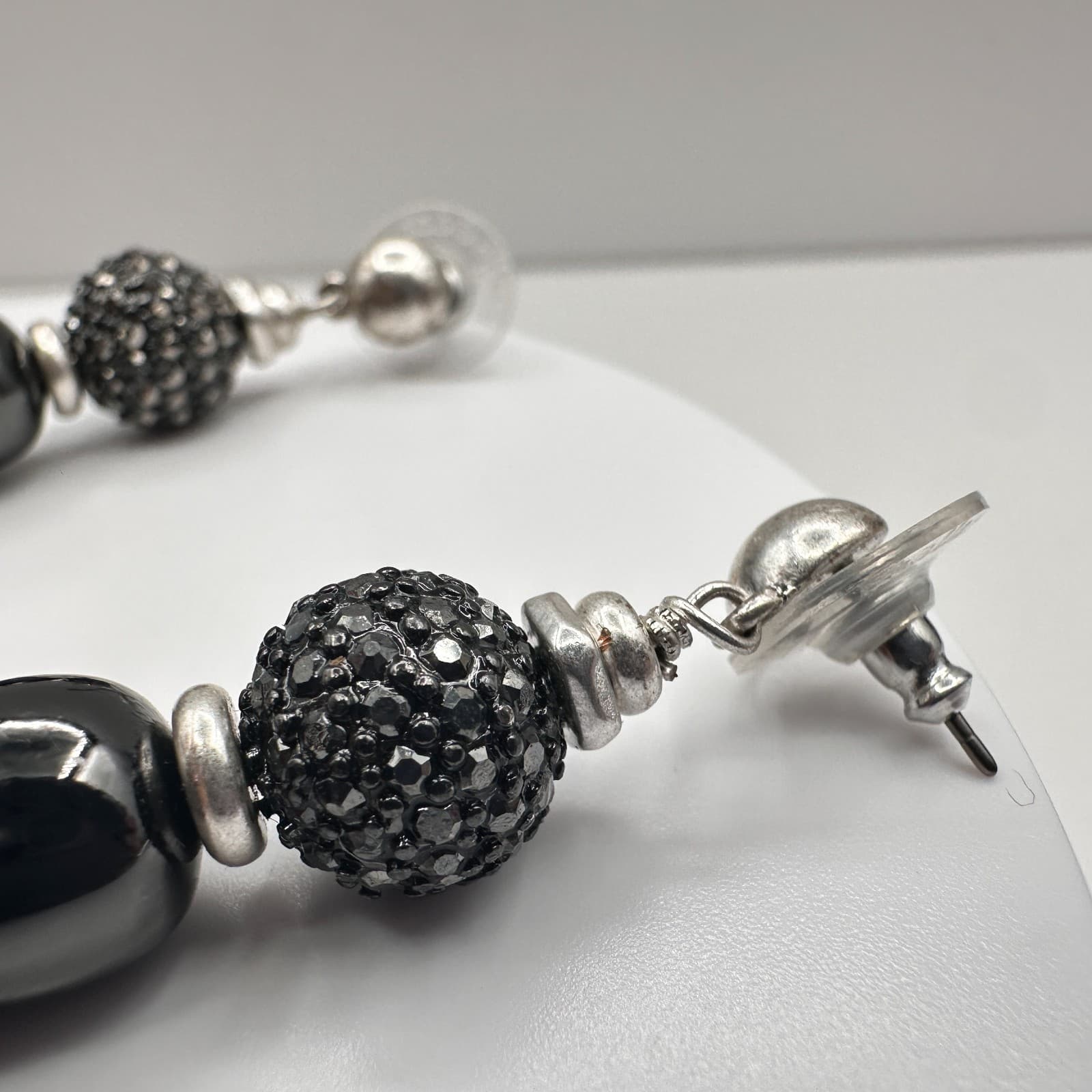 Vintage 80s Navy Tassel Stud Earrings Silver Tone Crystal Bead Women's Jewelry - Thumbnail 5